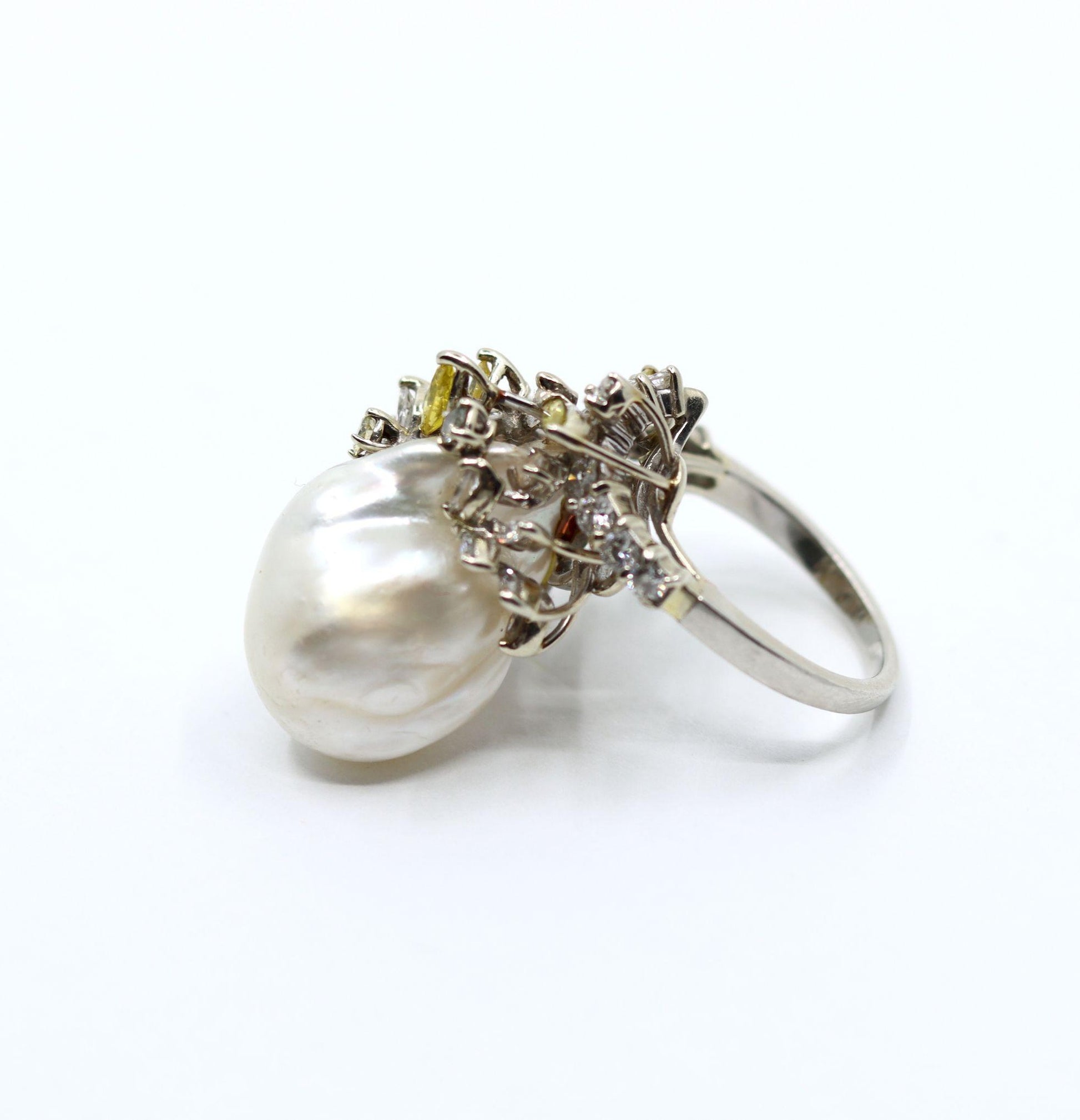 Vintage Platinum White & Yellow Diamond Baroque Pearl Cocktail Ring