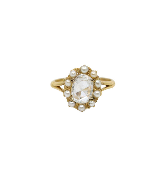 Vintage 18K Gold Rose Cut Diamond Seed Pearl Ring