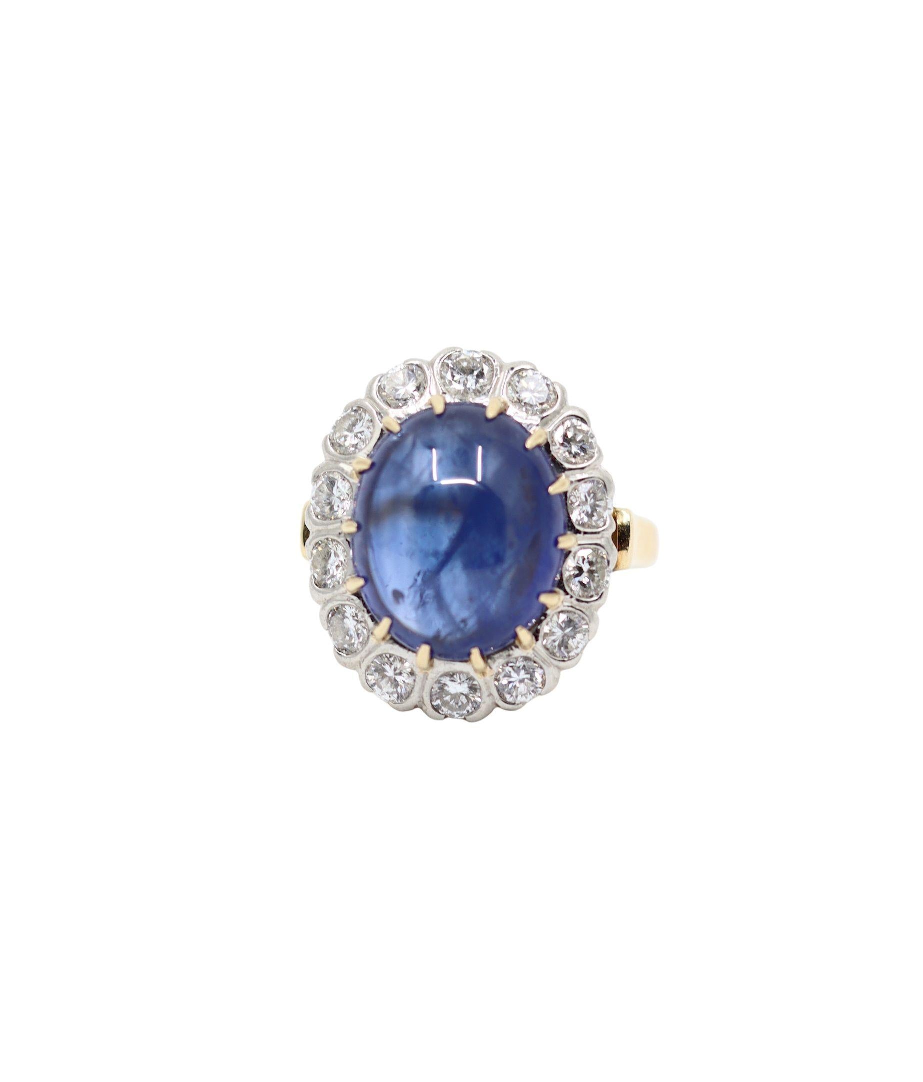 GIA Certified Vintage 14KT Gold Sapphire Cabochon Diamond Ring