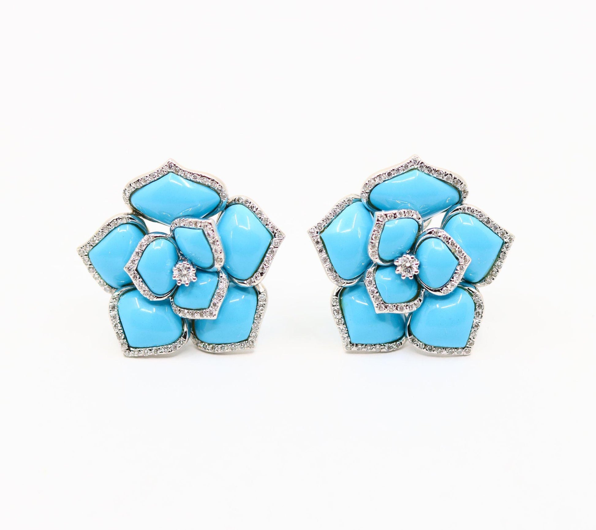 Diamond Turquoise 18K White Gold Flower Earrings