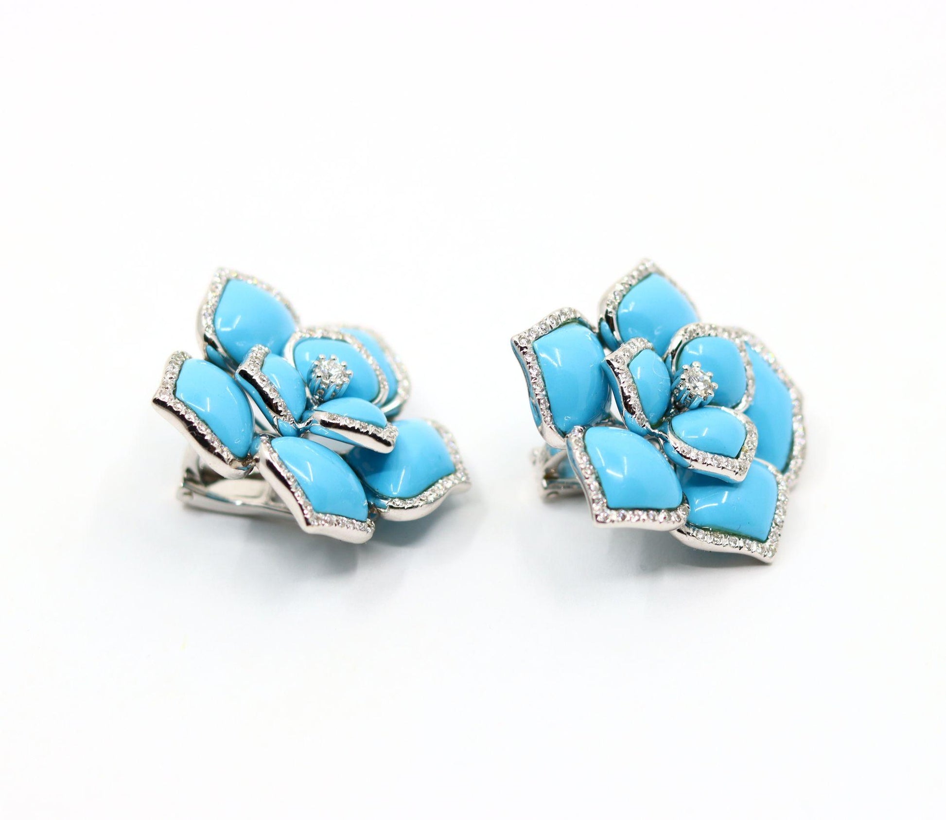 Diamond Turquoise 18K White Gold Flower Earrings