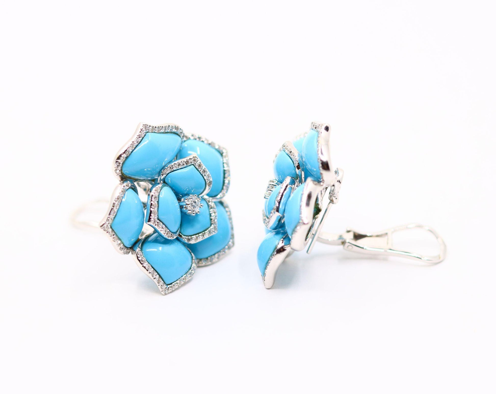 Diamond Turquoise 18K White Gold Flower Earrings