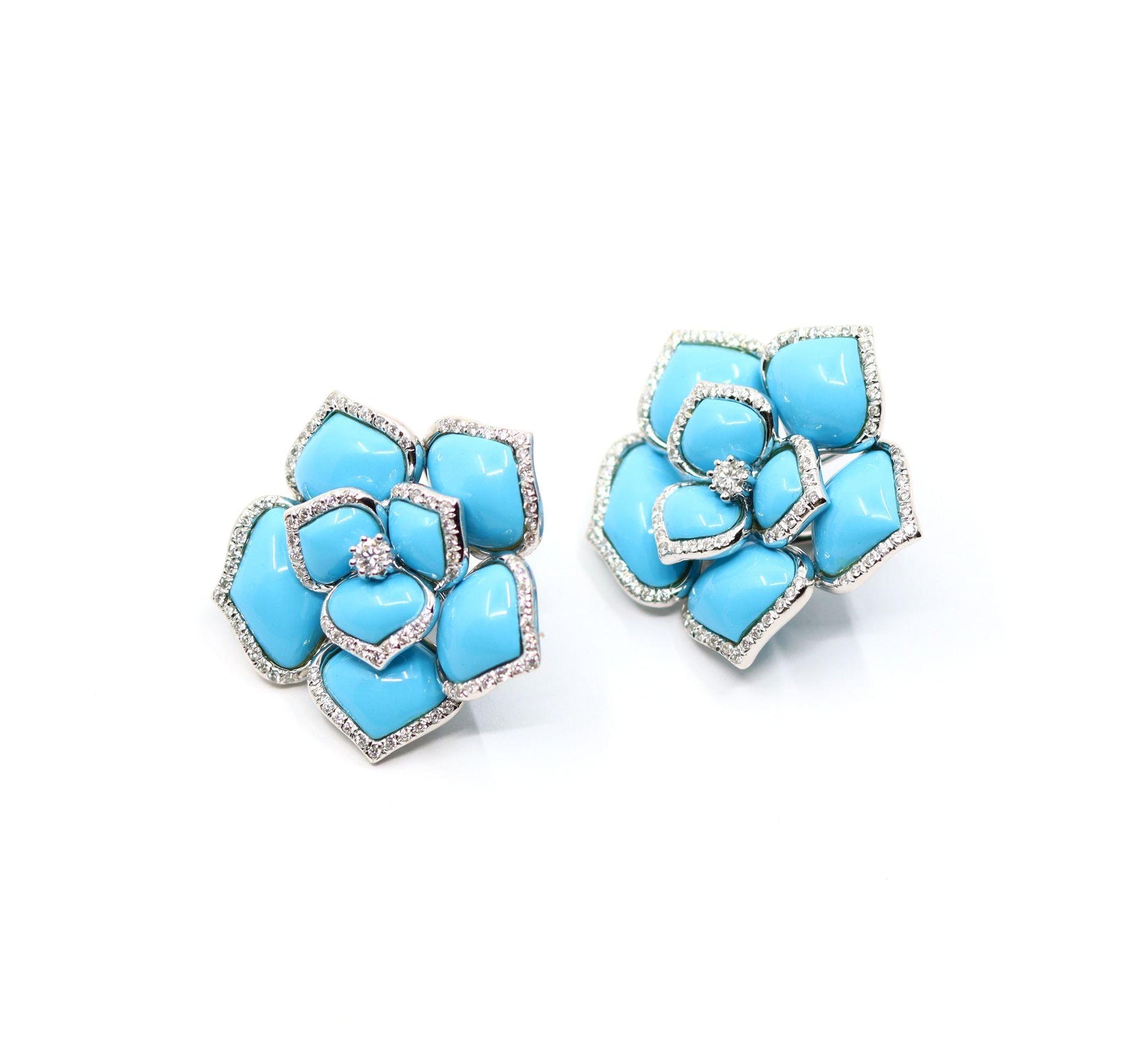 Diamond Turquoise 18K White Gold Flower Earrings