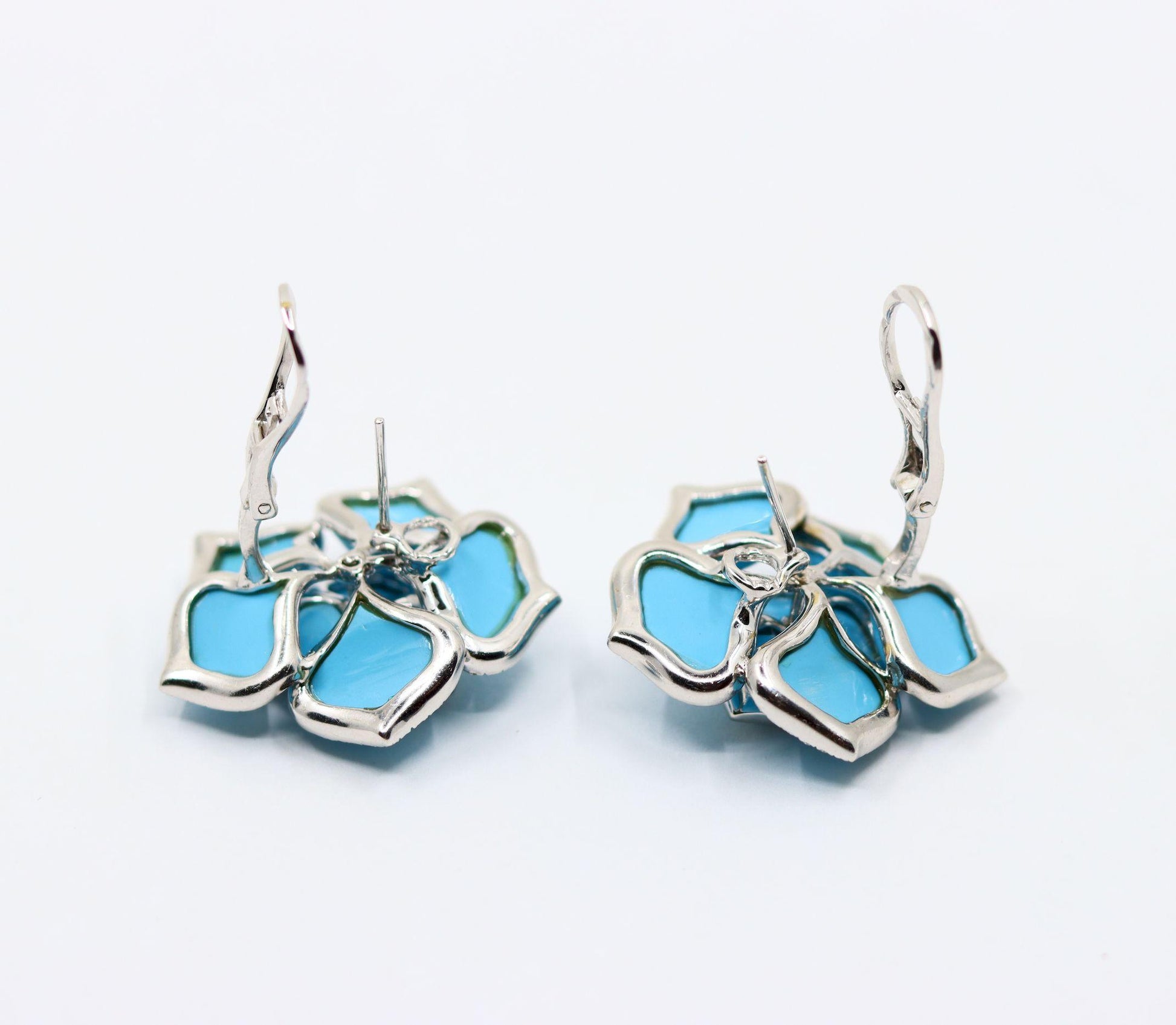Diamond Turquoise 18K White Gold Flower Earrings