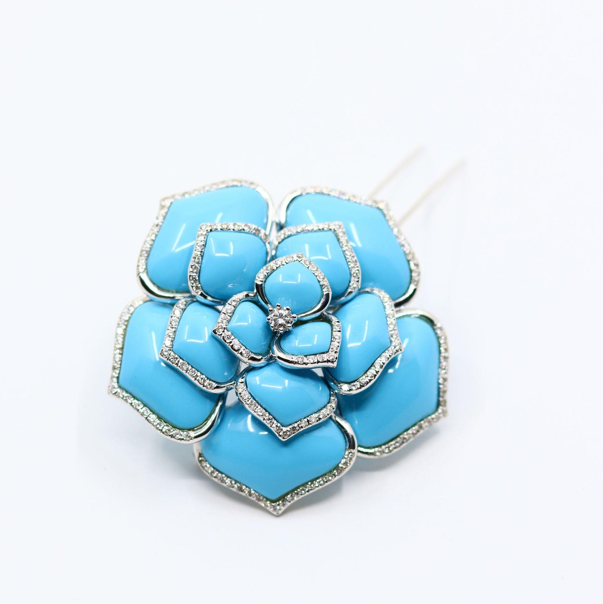 Diamond Turquoise 18K White Gold Flower Brooch