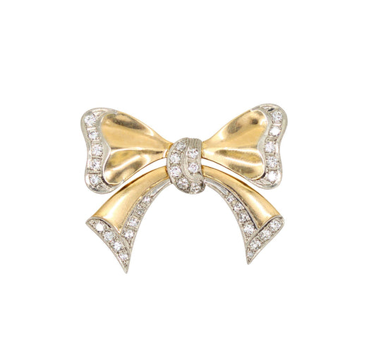 1940's Retro 14K Gold Diamond Bow-Tie Brooch