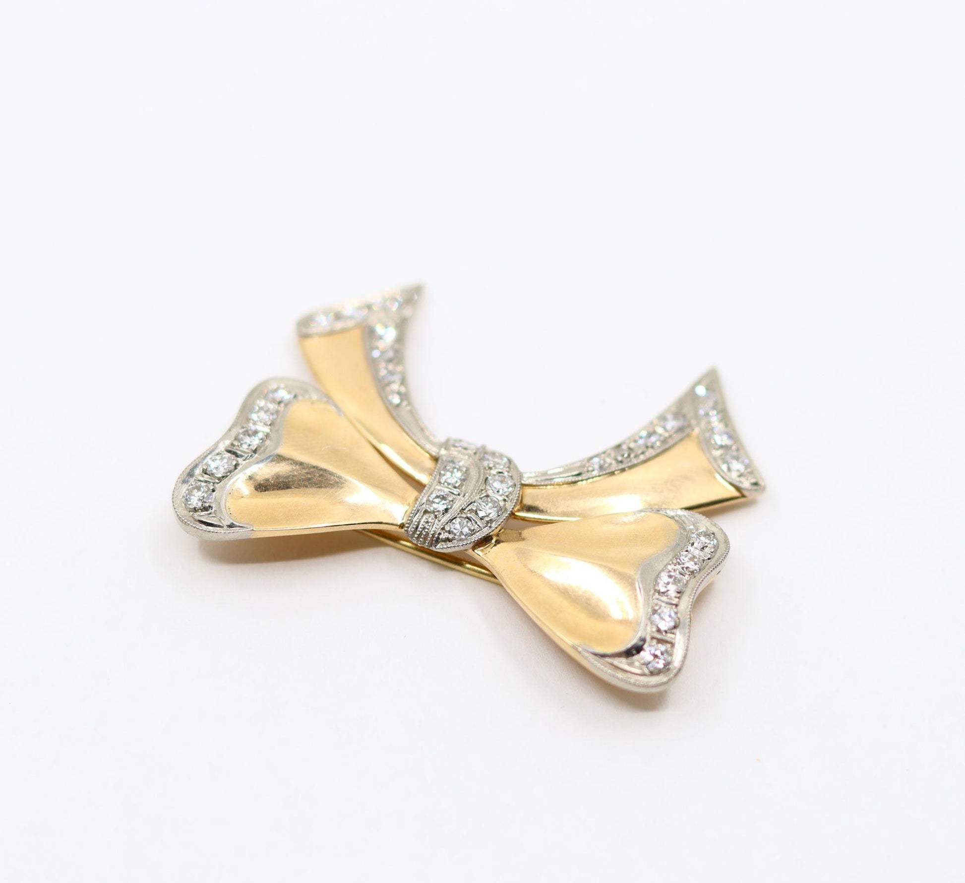 1940's Retro 14K Gold Diamond Bow-Tie Brooch