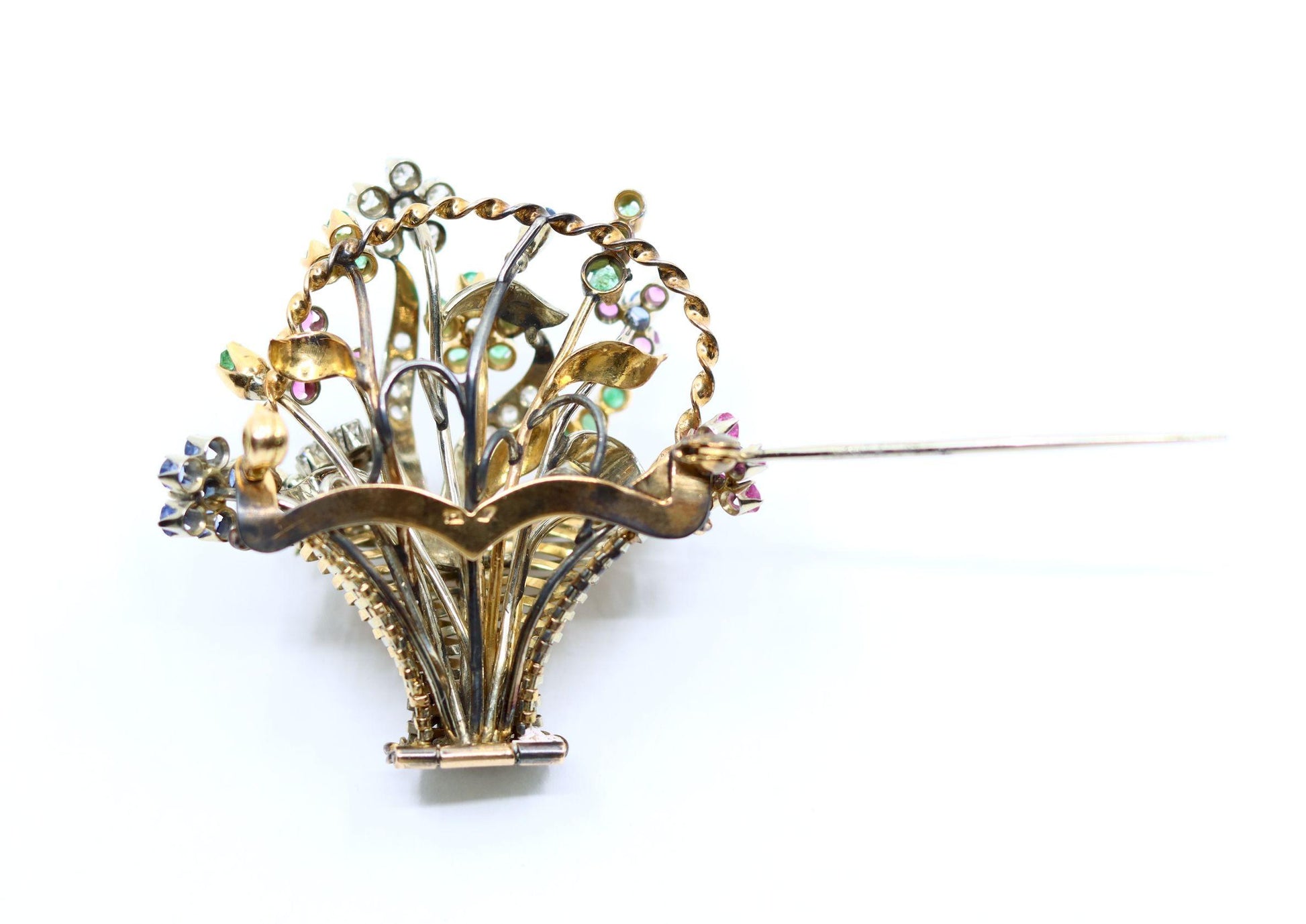 Vintage 18k Gold Diamond Sapphire Emerald Flower Basket Brooch
