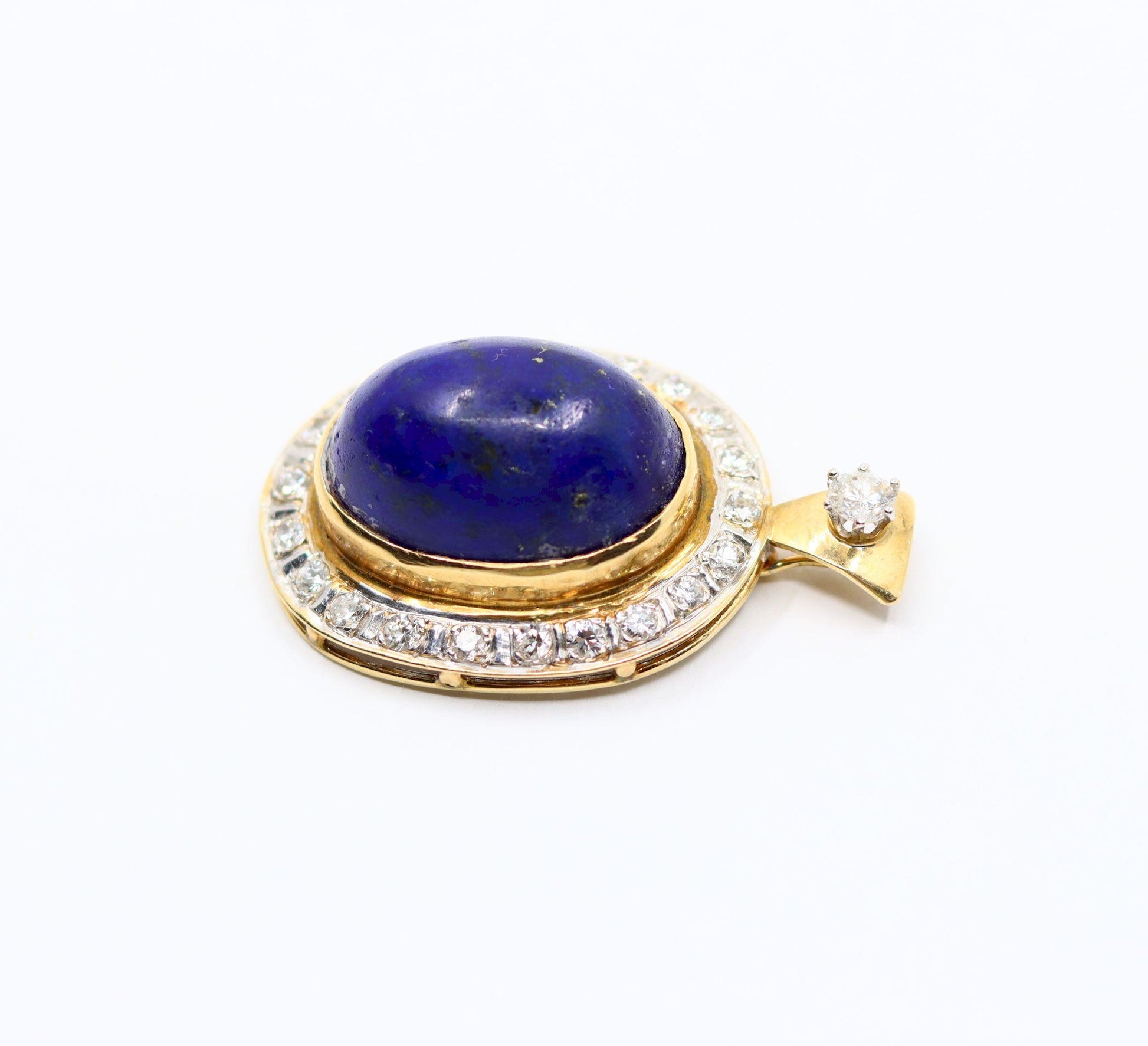 Vintage 14K Gold Diamond Large Lapis Cabochon Pendant