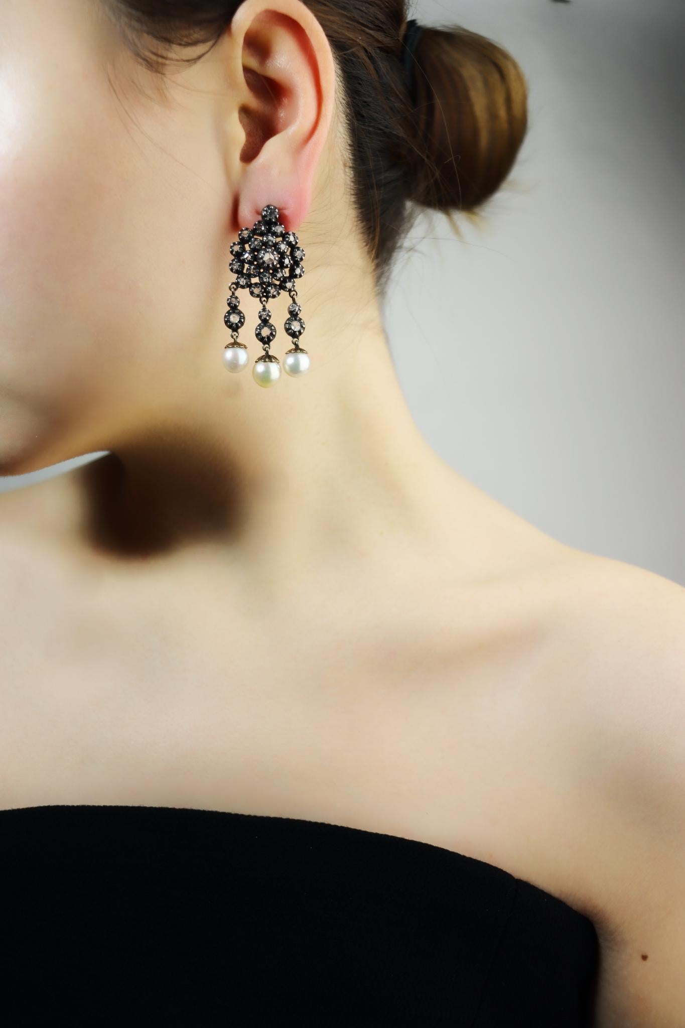 Victorian 14K Gold & Silver Pearl Diamond Drop Earring