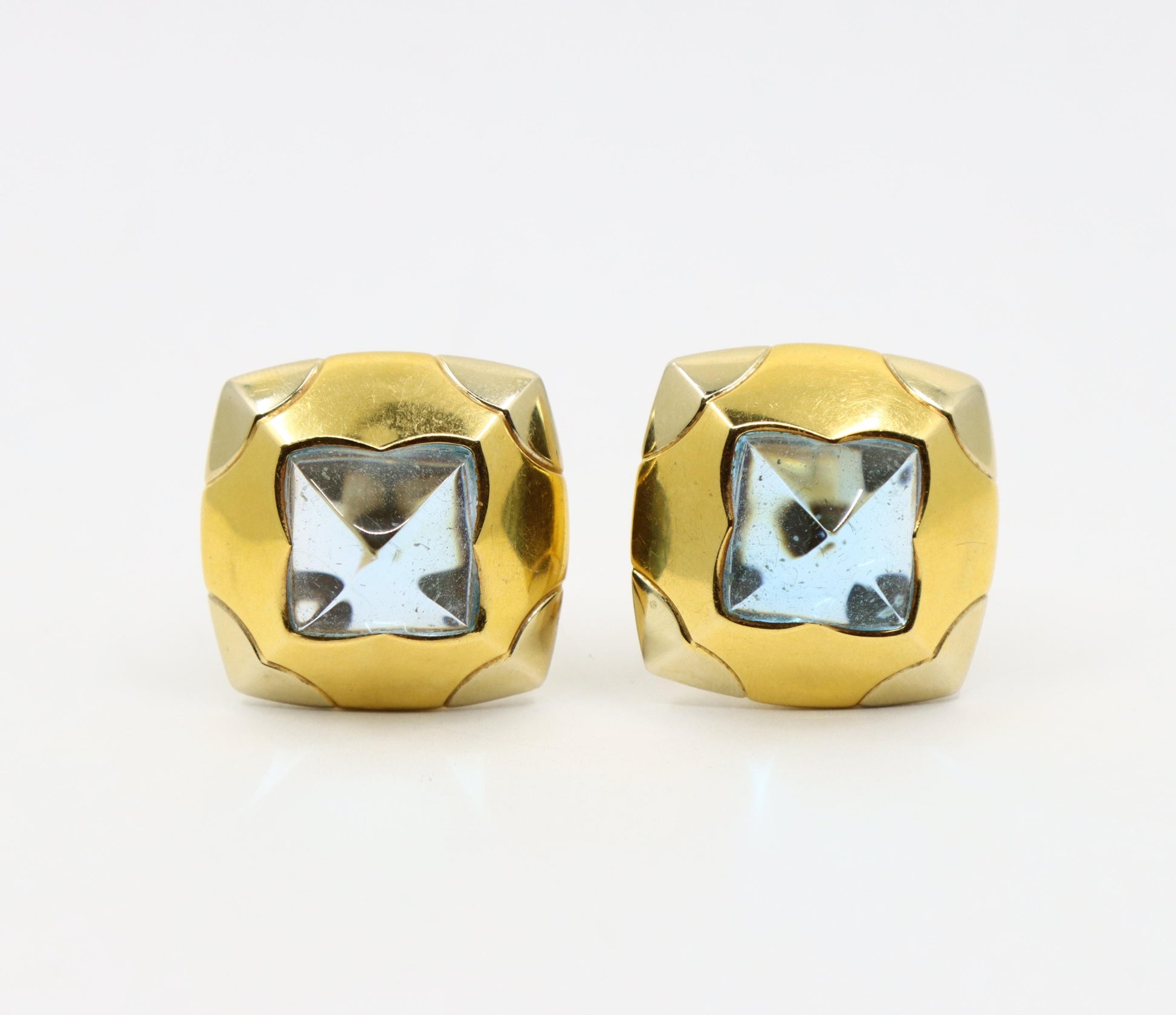 Bulgari Roma Pyramid 18K Gold Blue Topaz Earring