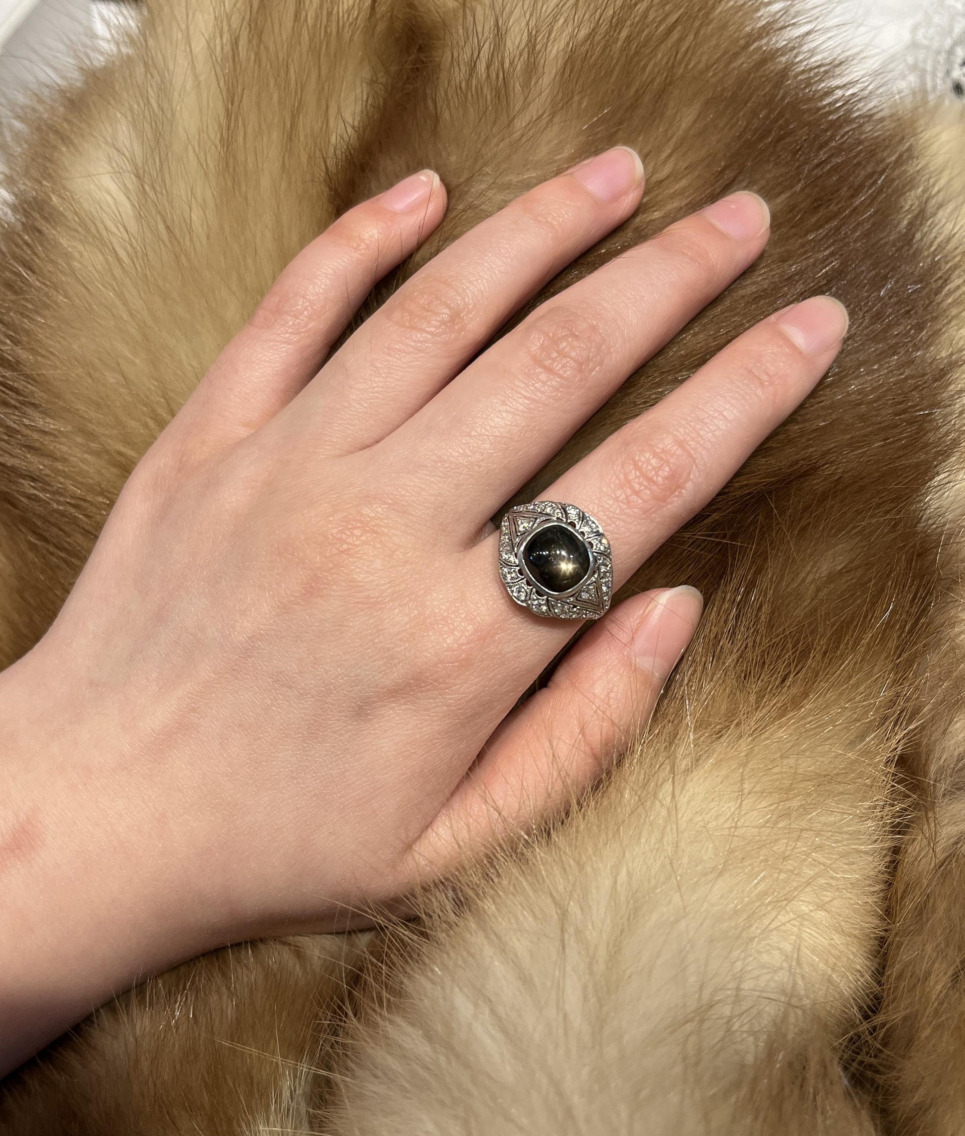 Art Deco Style Black Star Sapphire Diamond Platinum & 10K Ring