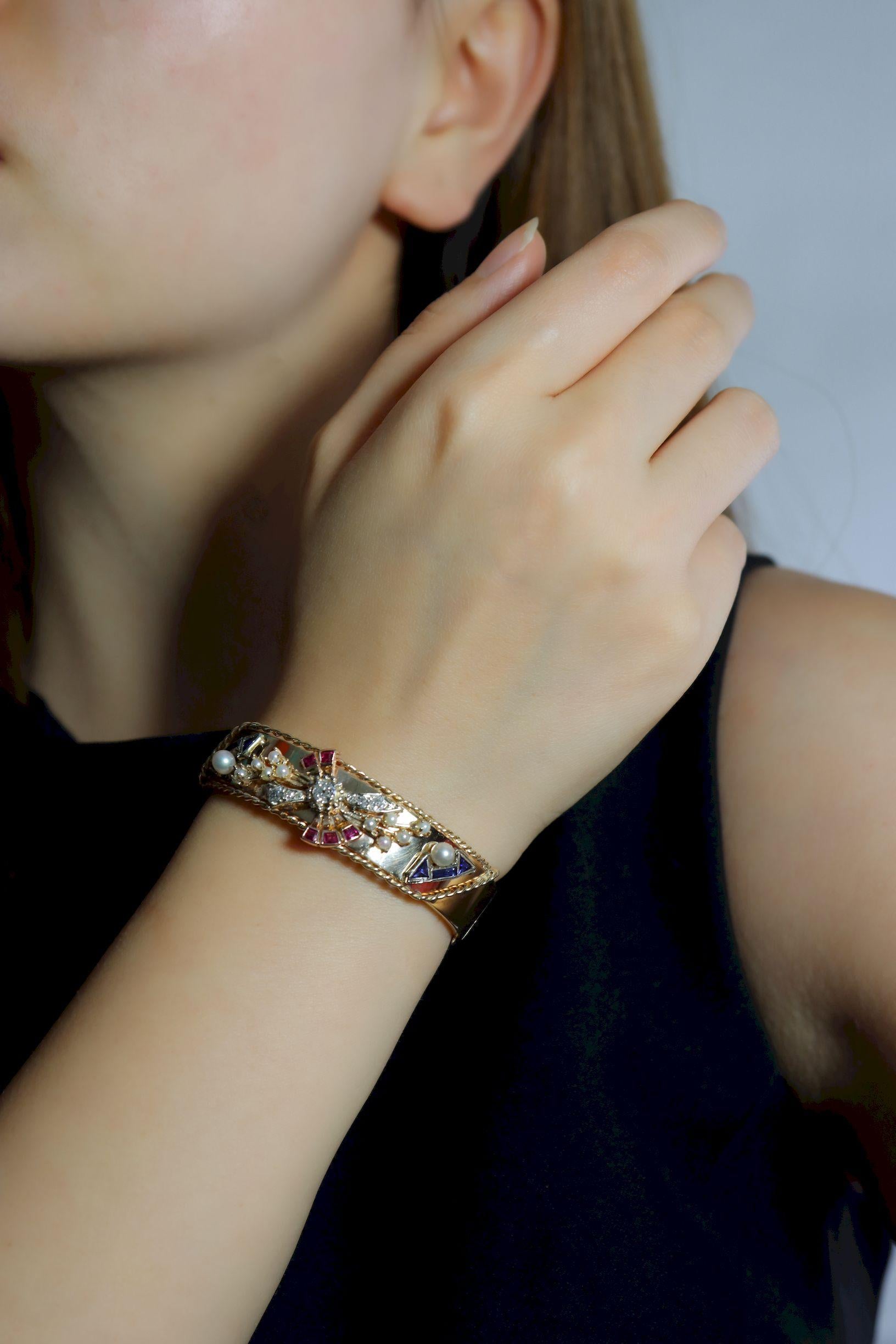 14K Gold Diamond Sapphire Pearl Bracelet