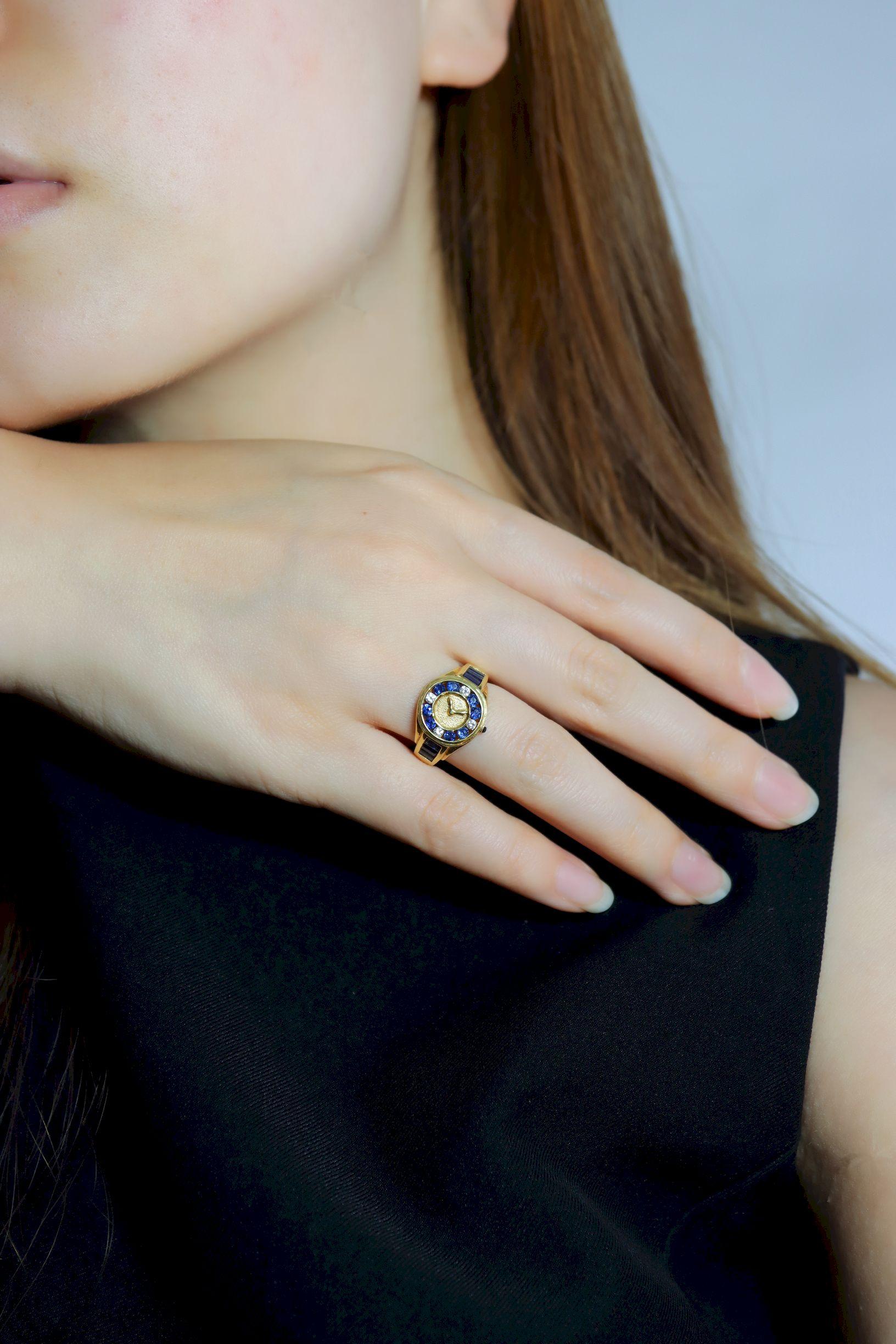 Art Deco 18K Gold Sapphire Diamonds Watch Ring