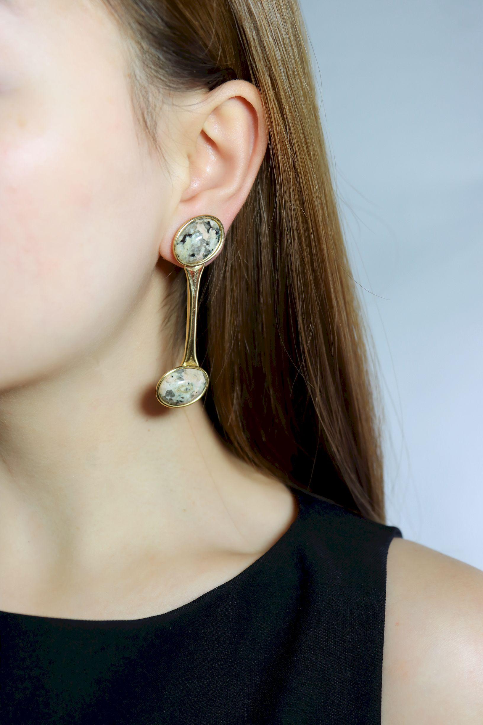 Vintage Gold Tone Signed Faux Marble Cabochon Earrings