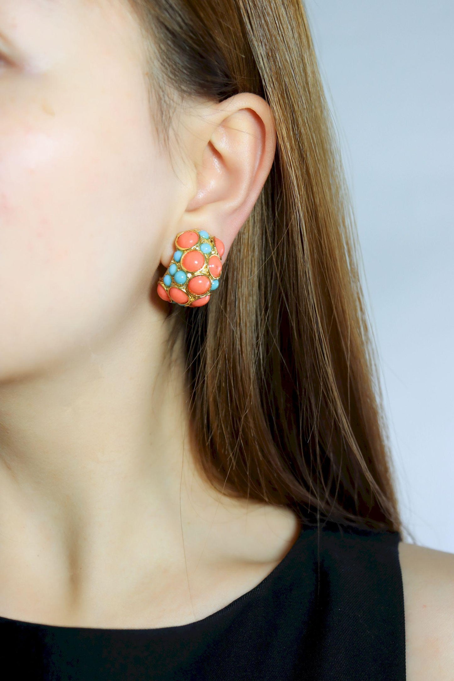 Vintage KJL Gold Tone Faux Turquoise Rhinestone Earrings & Bracelet Set