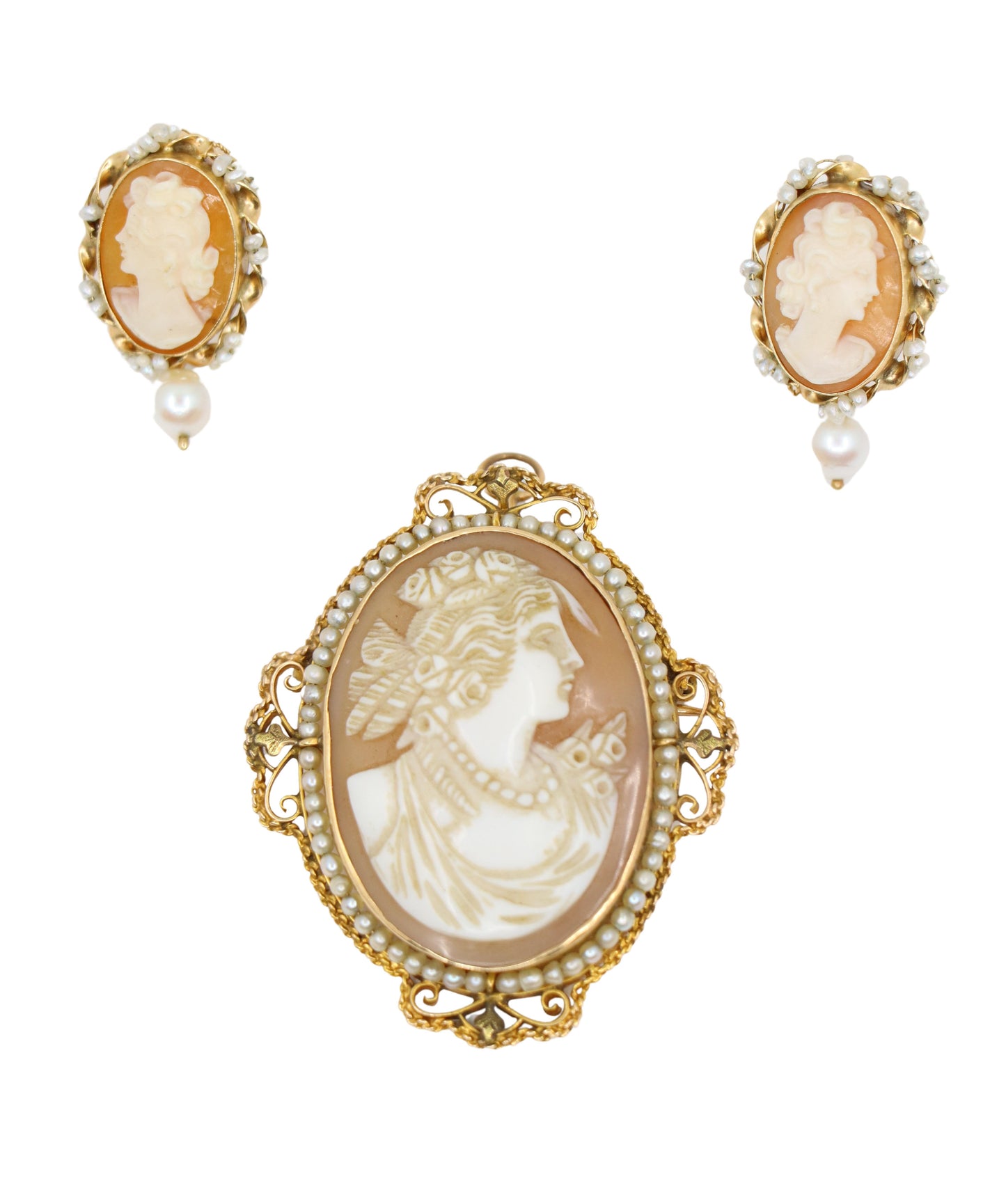 Antique 14K Gold Pearl Cameo Earrings & Brooch