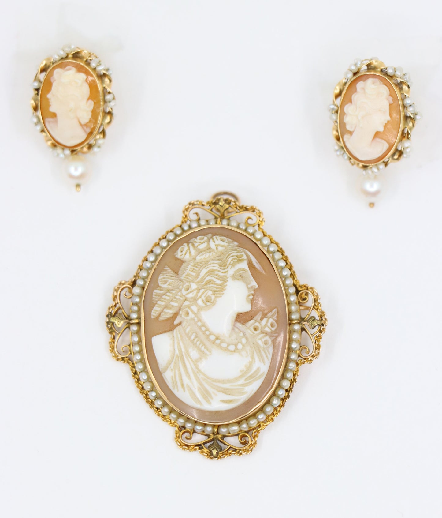 Antique 14K Gold Pearl Cameo Earrings & Brooch