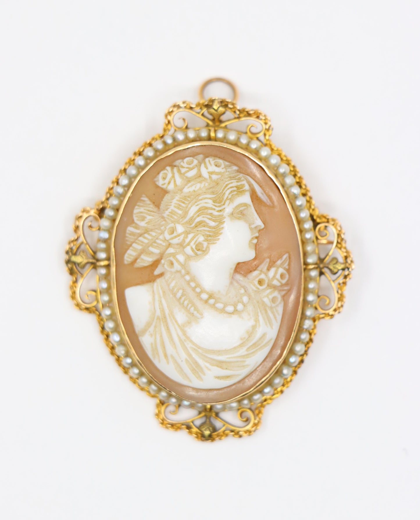 Antique 14K Gold Pearl Cameo Earrings & Brooch