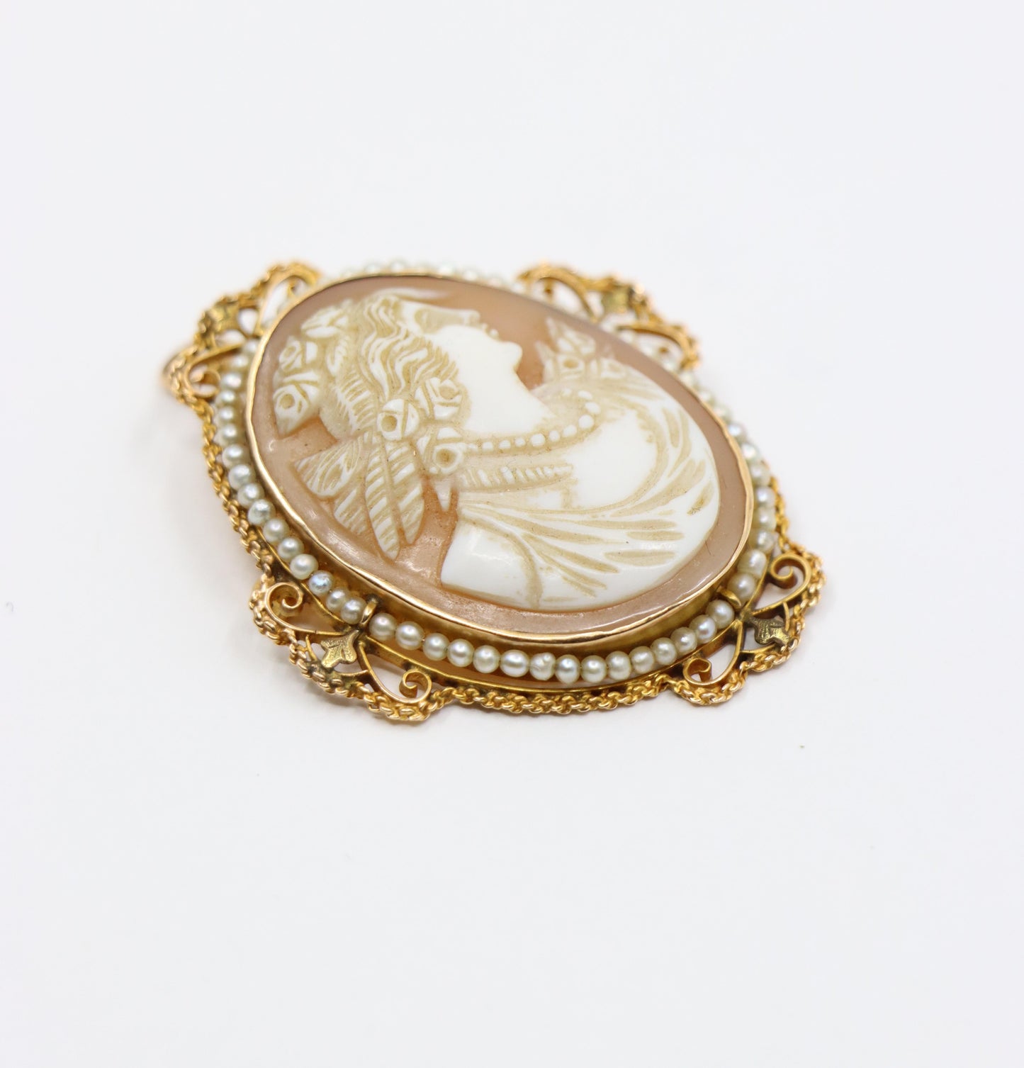 Antique 14K Gold Pearl Cameo Earrings & Brooch