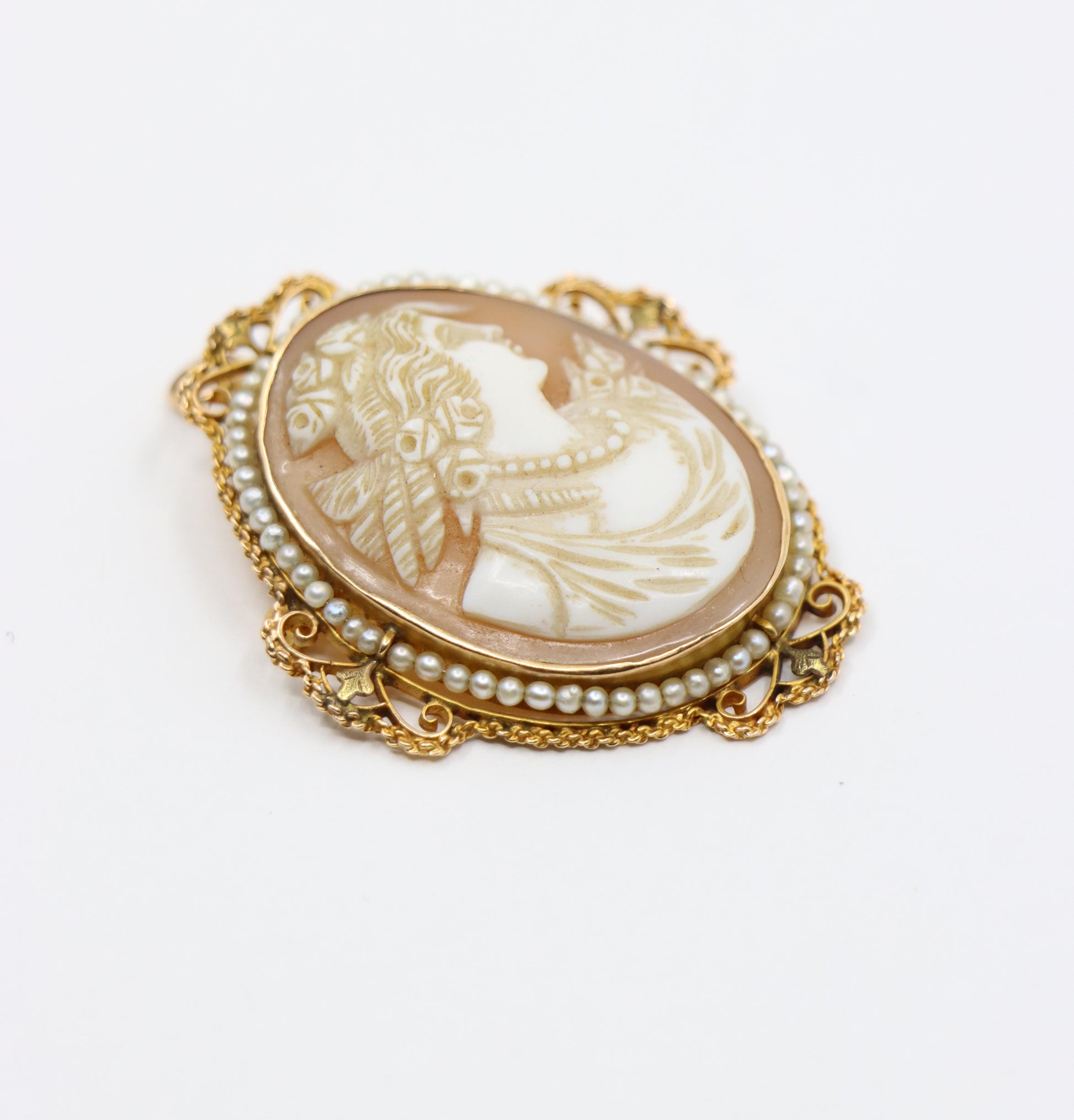 Antique 14K Gold Pearl Cameo Earrings & Brooch