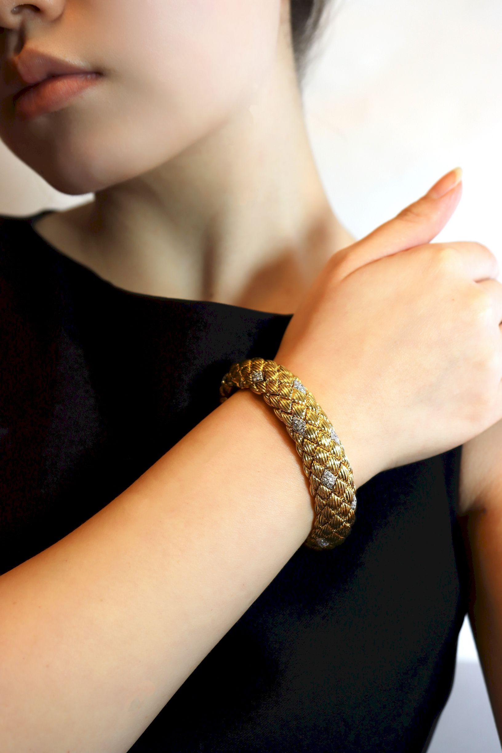 David Webb 18K Gold Diamonds Textured Bracelet