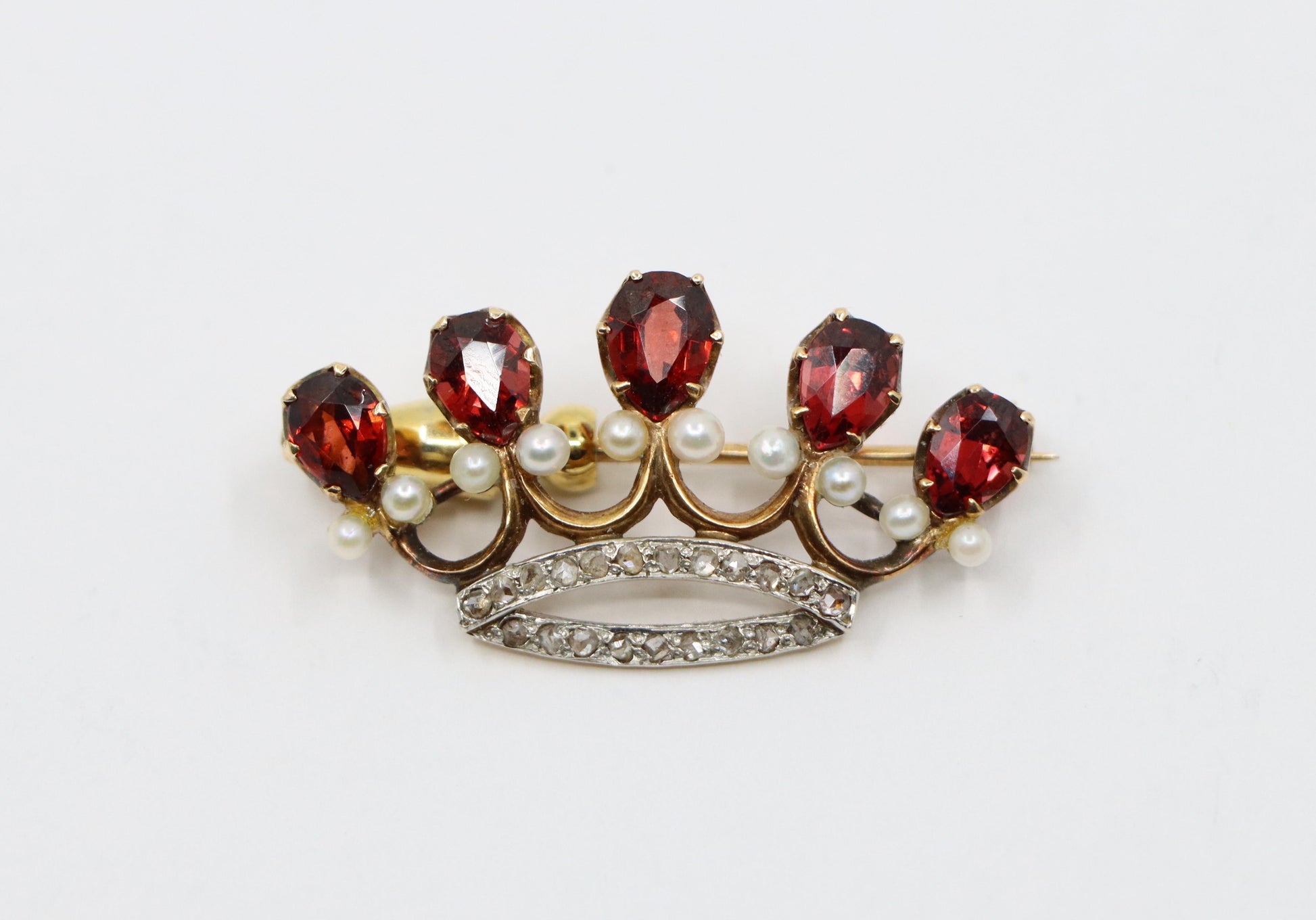 14K Gold Madeira Citrine Pearl Crown Brooch Pin