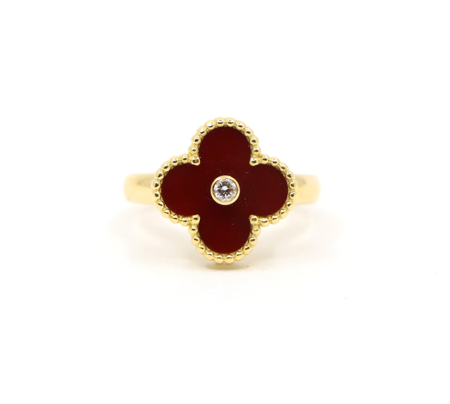 Van Cleef & Arpels 18K Gold Carnelian Diamond Alhambra Ring