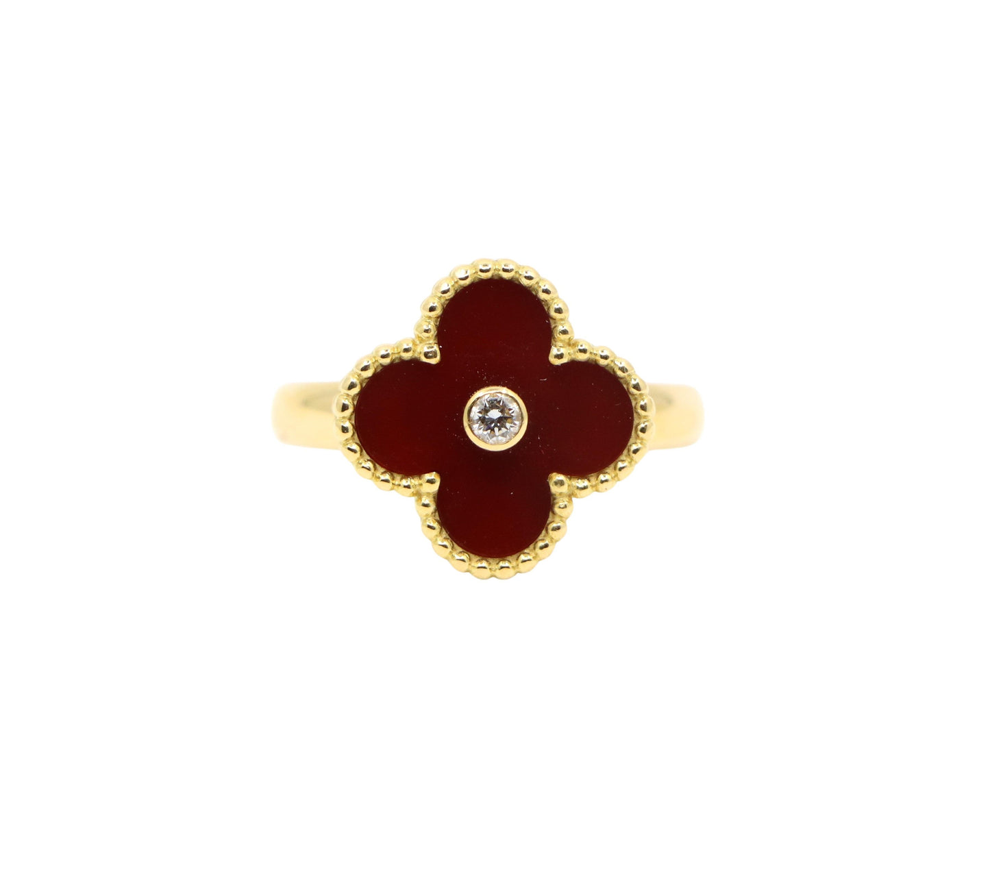 Van Cleef & Arpels 18K Gold Carnelian Diamond Alhambra Ring