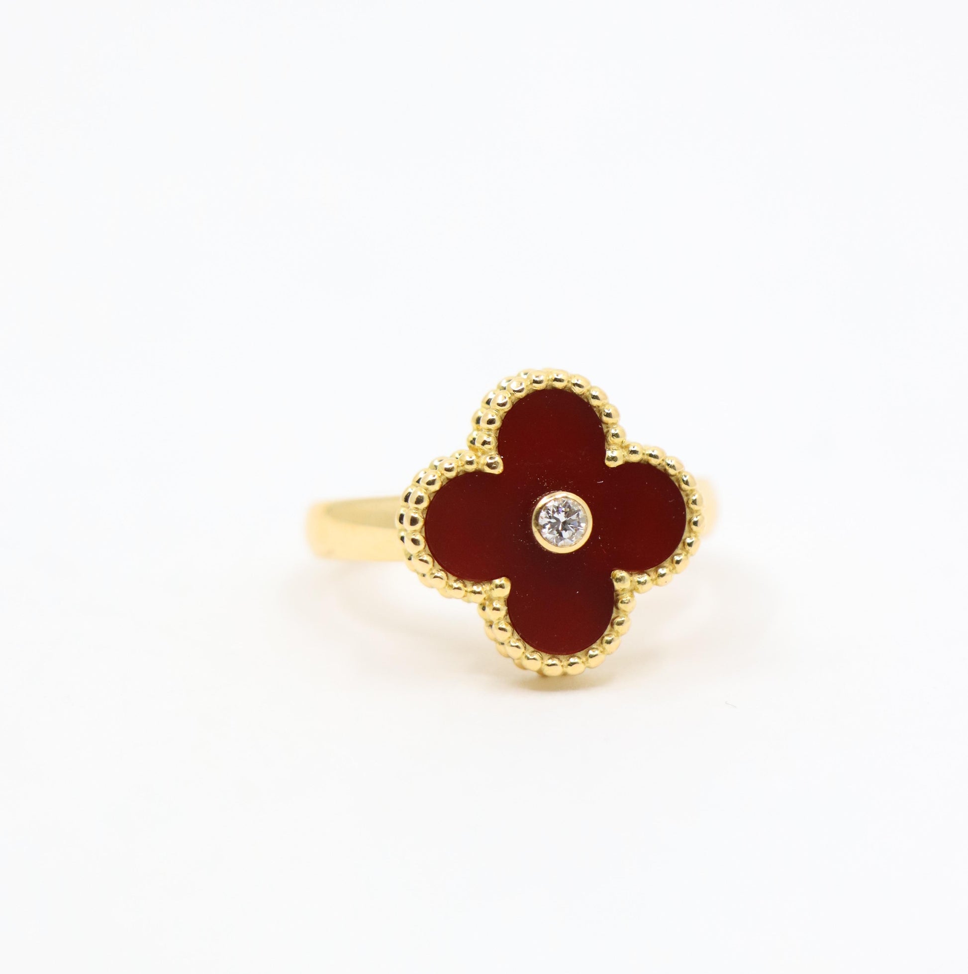 Van Cleef & Arpels 18K Gold Carnelian Diamond Alhambra Ring