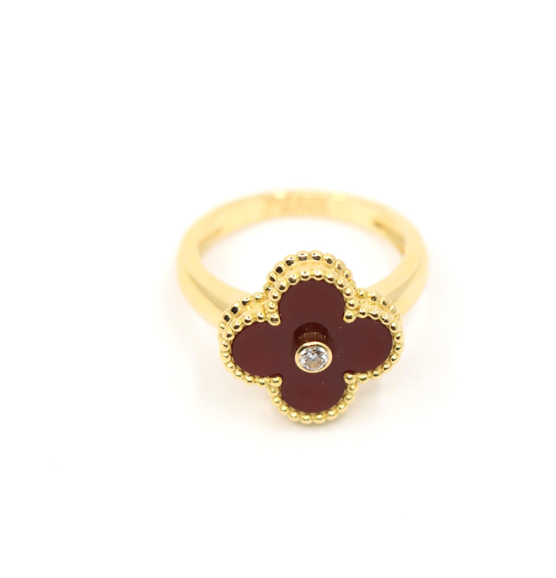 Van Cleef & Arpels 18K Gold Carnelian Diamond Alhambra Ring