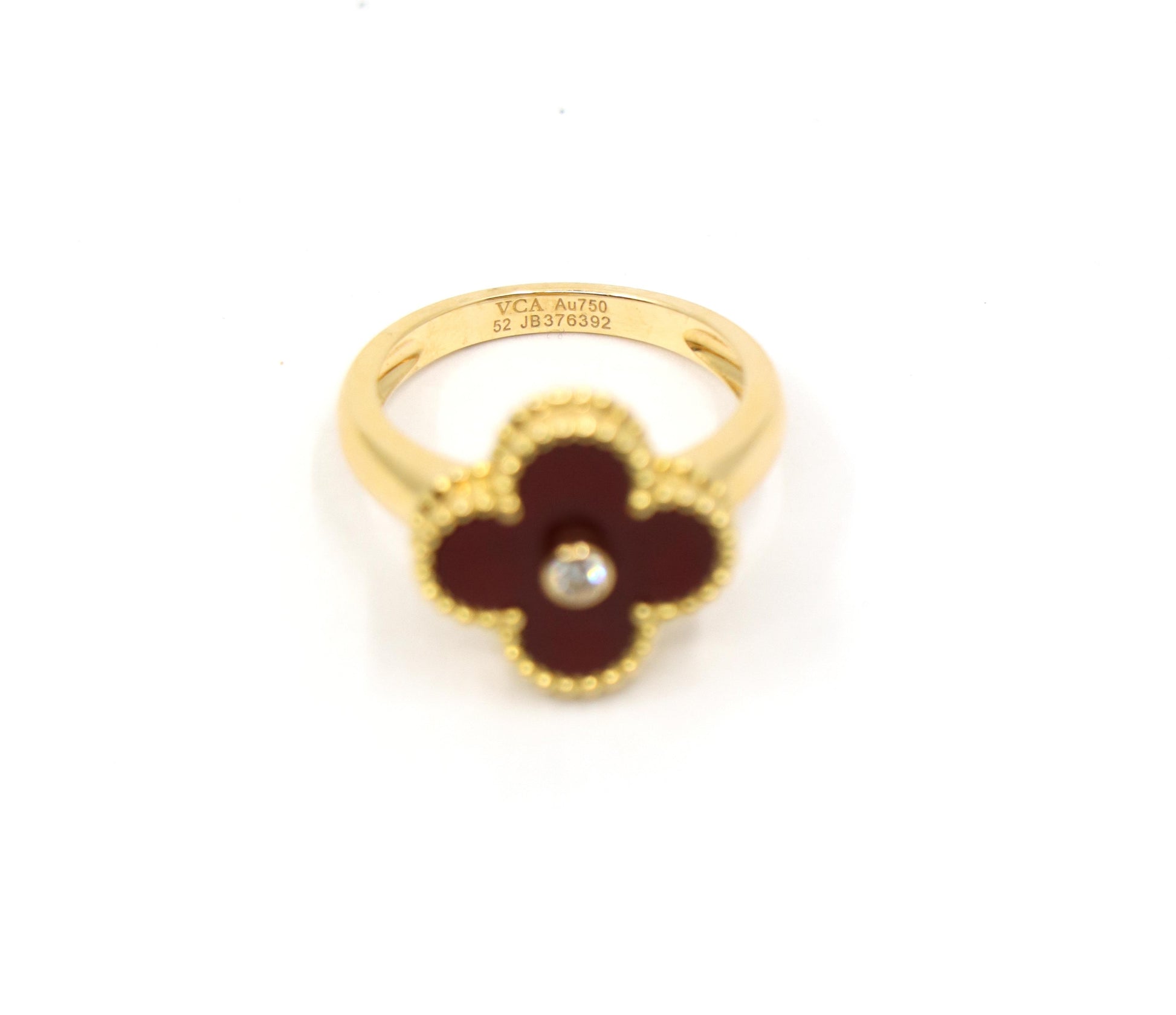 Van Cleef & Arpels 18K Gold Carnelian Diamond Alhambra Ring