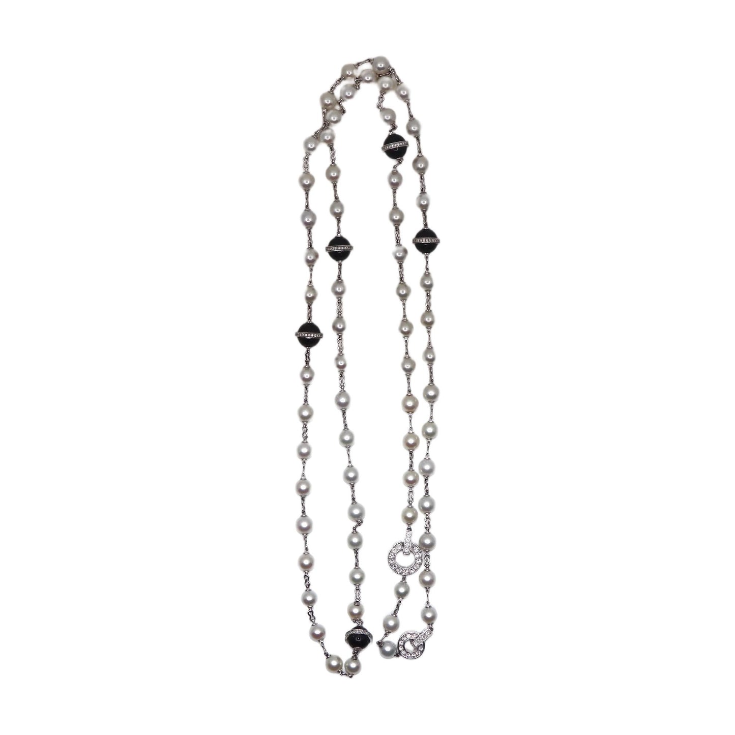 Rare Cartier Himalia 18K White Gold Pearl Onyx & Diamond Long Station Necklace