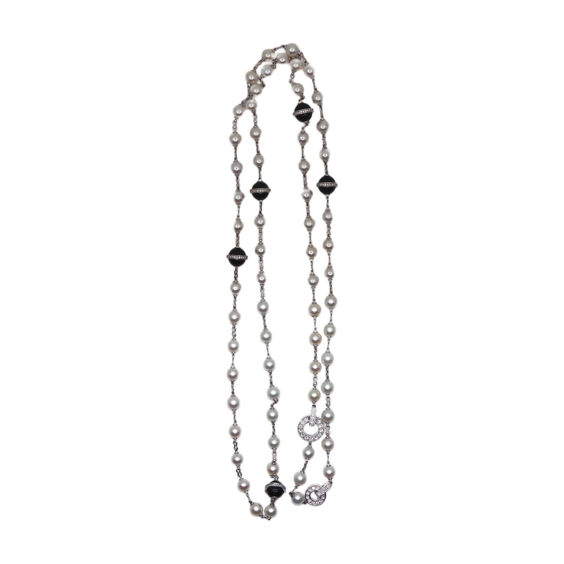 Rare Cartier Himalia 18K White Gold Pearl Onyx & Diamond Long Station Necklace