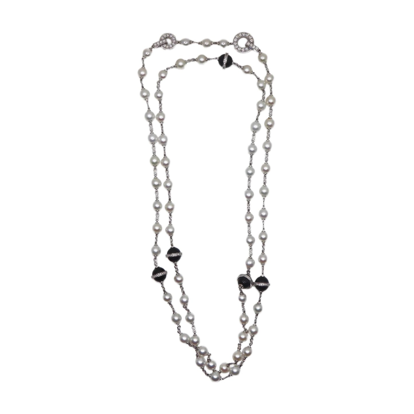 Rare Cartier Himalia 18K White Gold Pearl Onyx & Diamond Long Station Necklace