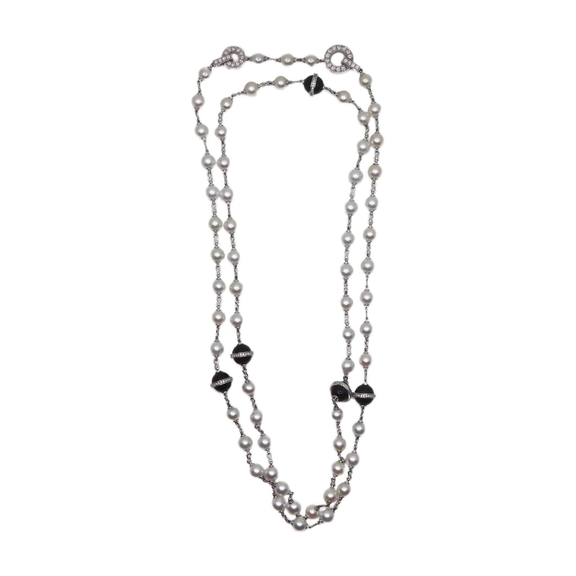 Rare Cartier Himalia 18K White Gold Pearl Onyx & Diamond Long Station Necklace