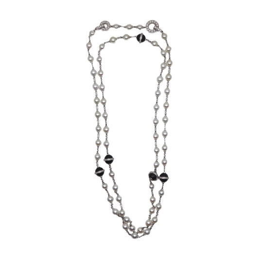 Rare Cartier Himalia 18K White Gold Pearl Onyx & Diamond Long Station Necklace