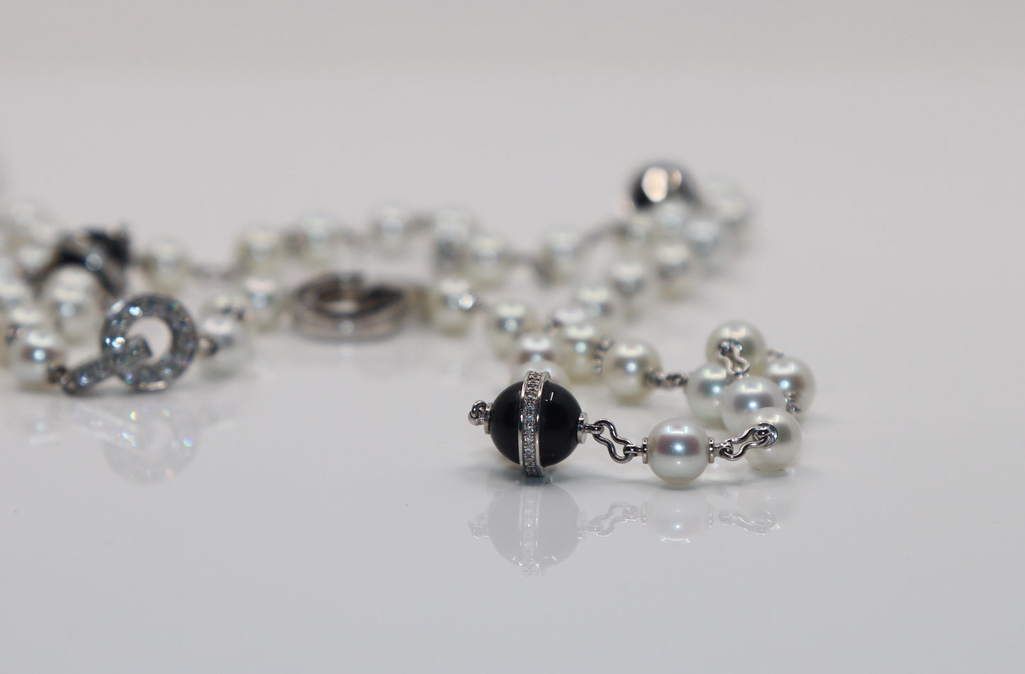 Rare Cartier Himalia 18K White Gold Pearl Onyx & Diamond Long Station Necklace