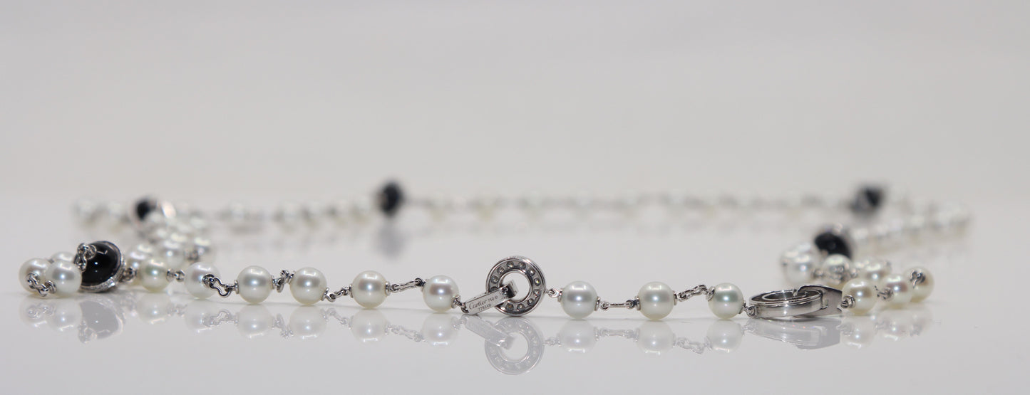 Rare Cartier Himalia 18K White Gold Pearl Onyx & Diamond Long Station Necklace