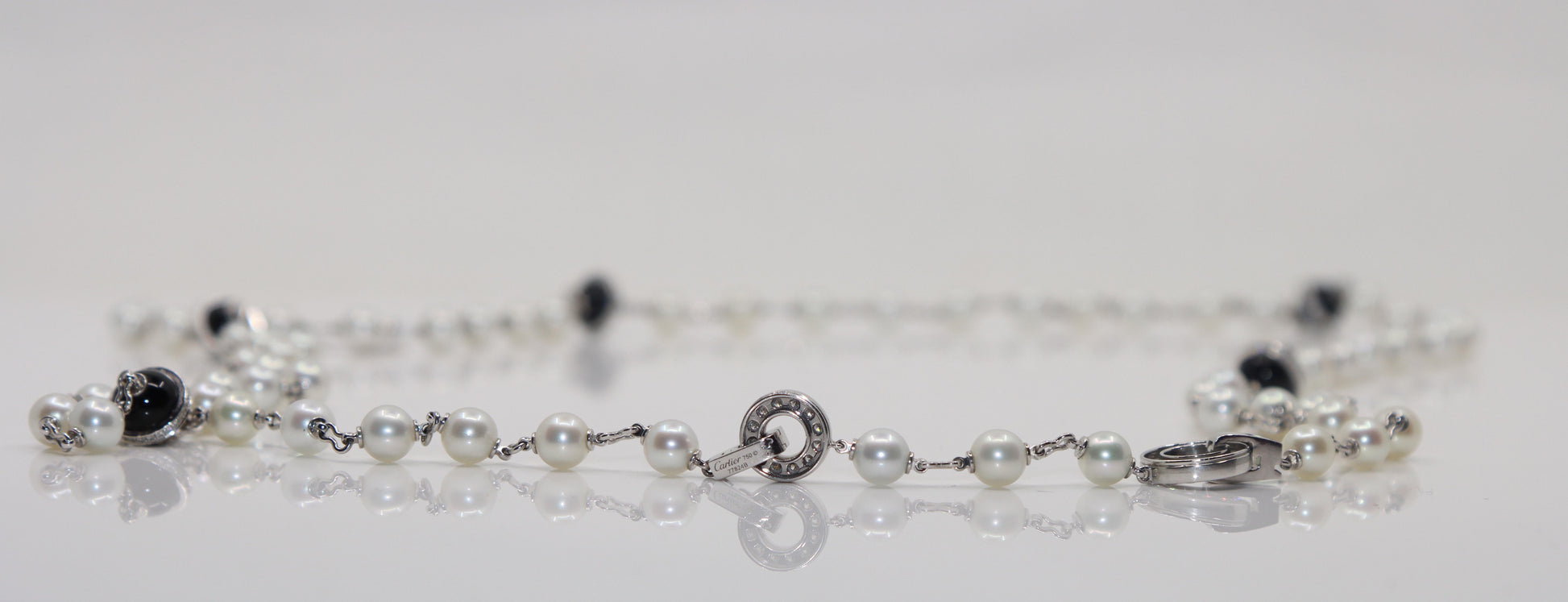 Rare Cartier Himalia 18K White Gold Pearl Onyx & Diamond Long Station Necklace