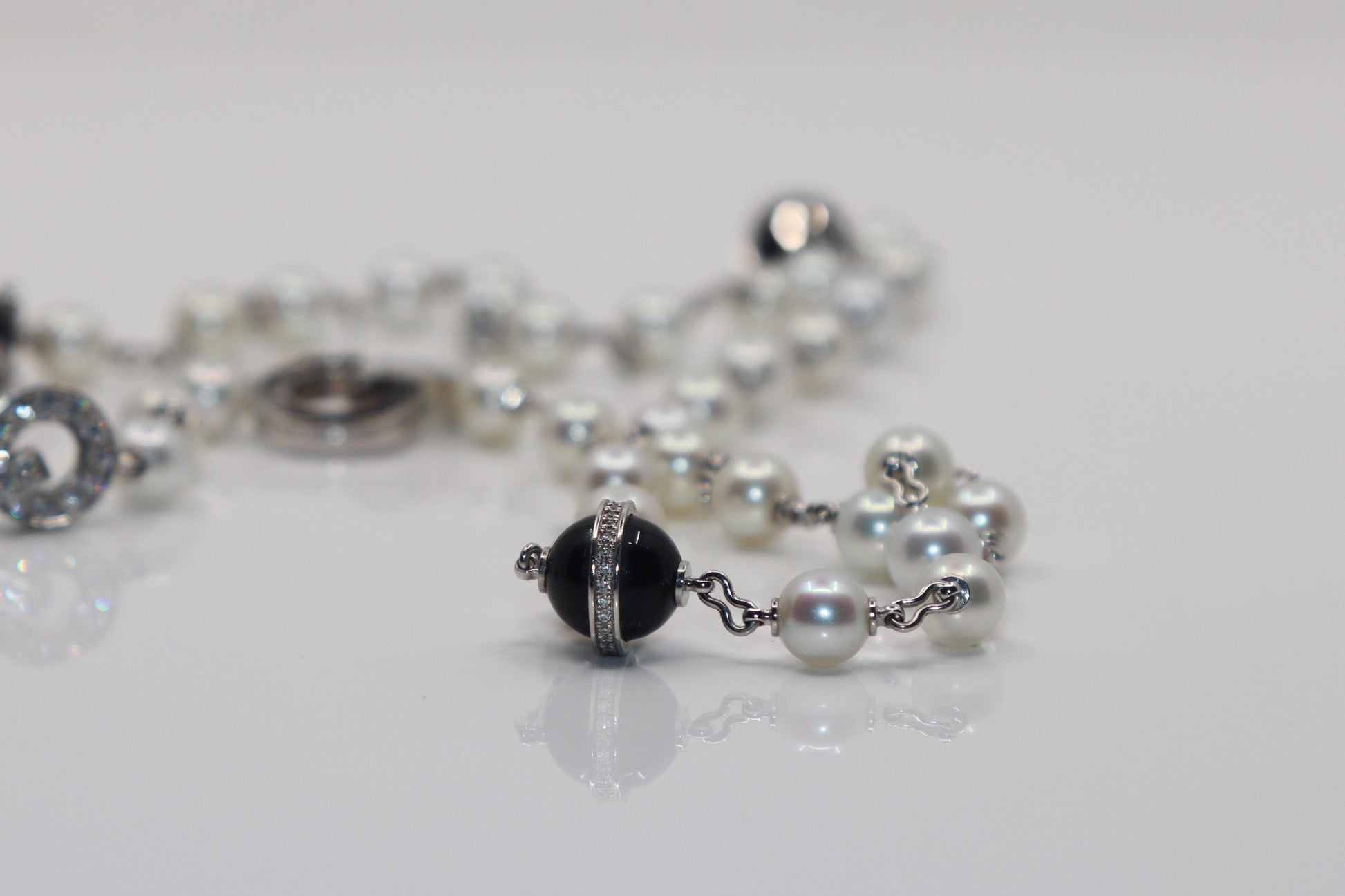 Rare Cartier Himalia 18K White Gold Pearl Onyx & Diamond Long Station Necklace