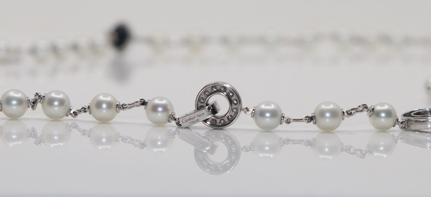 Rare Cartier Himalia 18K White Gold Pearl Onyx & Diamond Long Station Necklace