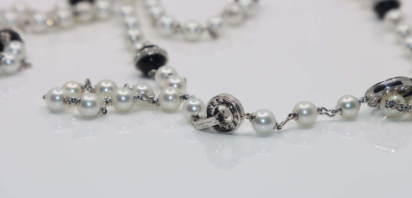 Rare Cartier Himalia 18K White Gold Pearl Onyx & Diamond Long Station Necklace
