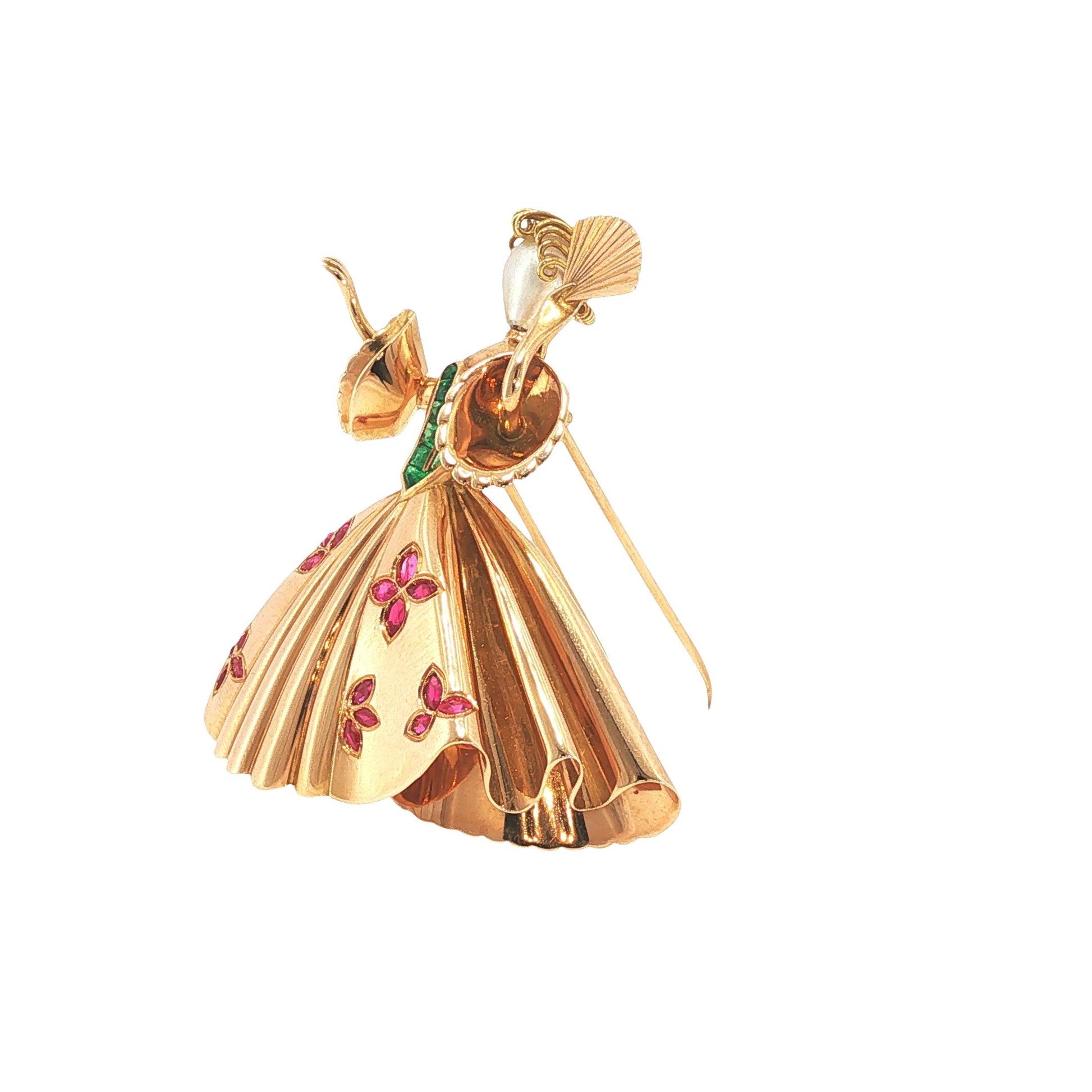 18K Gold Ruby Emerald & Pearl Ballerina Brooch