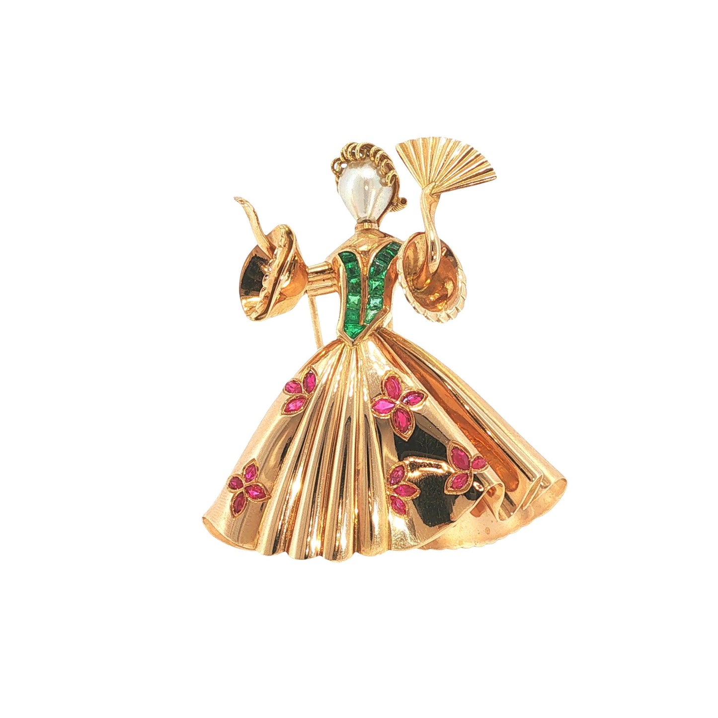 18K Gold Ruby Emerald & Pearl Ballerina Brooch
