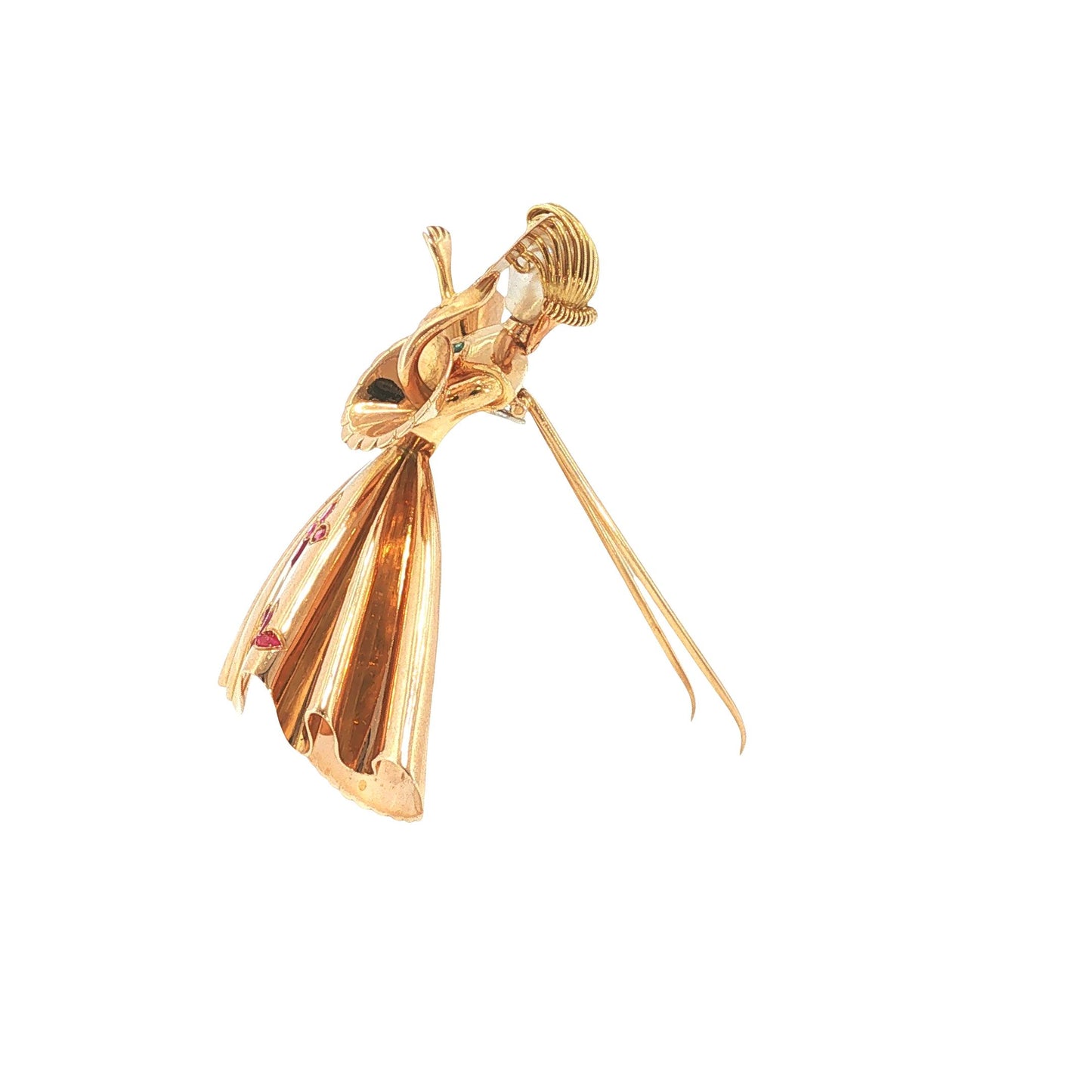 18K Gold Ruby Emerald & Pearl Ballerina Brooch
