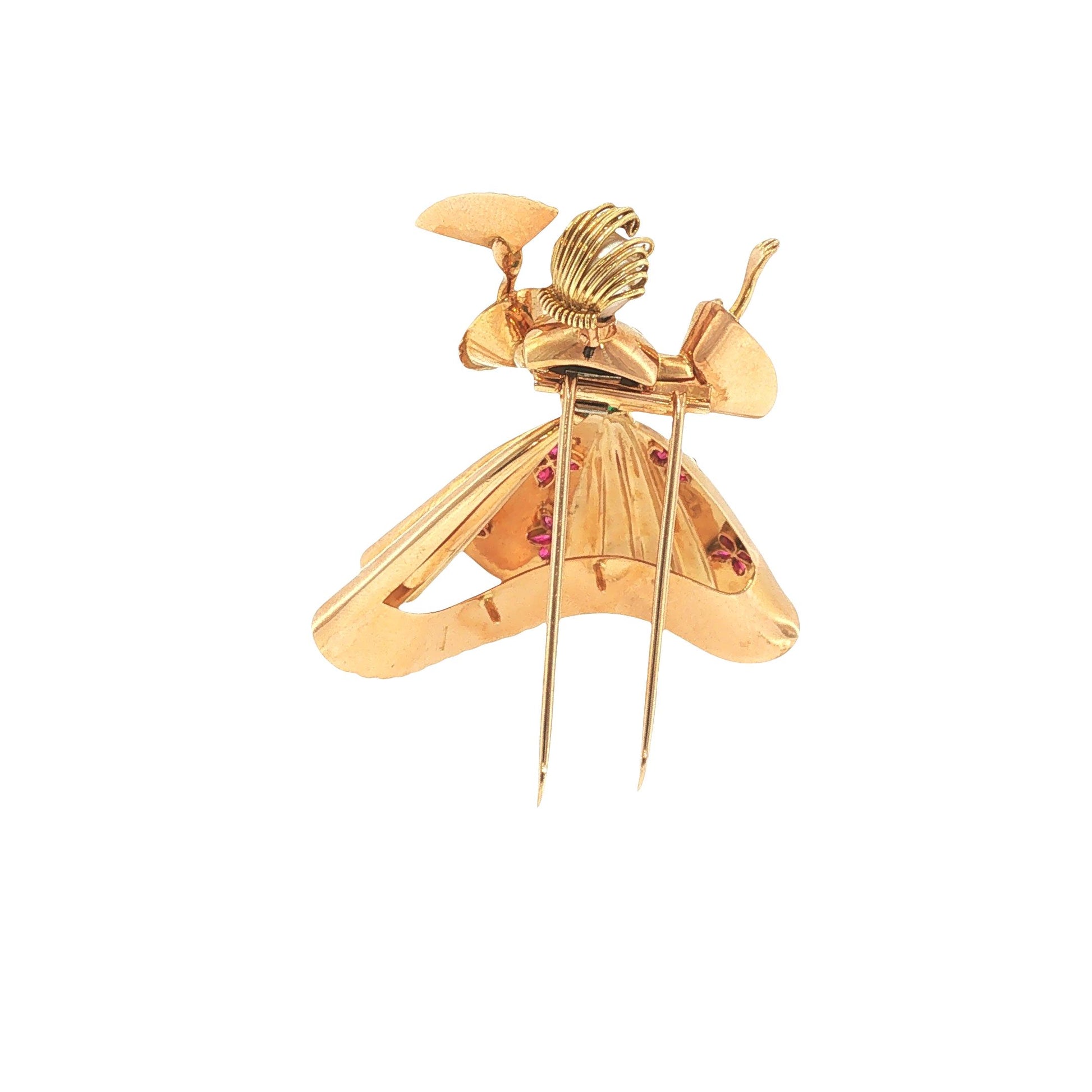 18K Gold Ruby Emerald & Pearl Ballerina Brooch