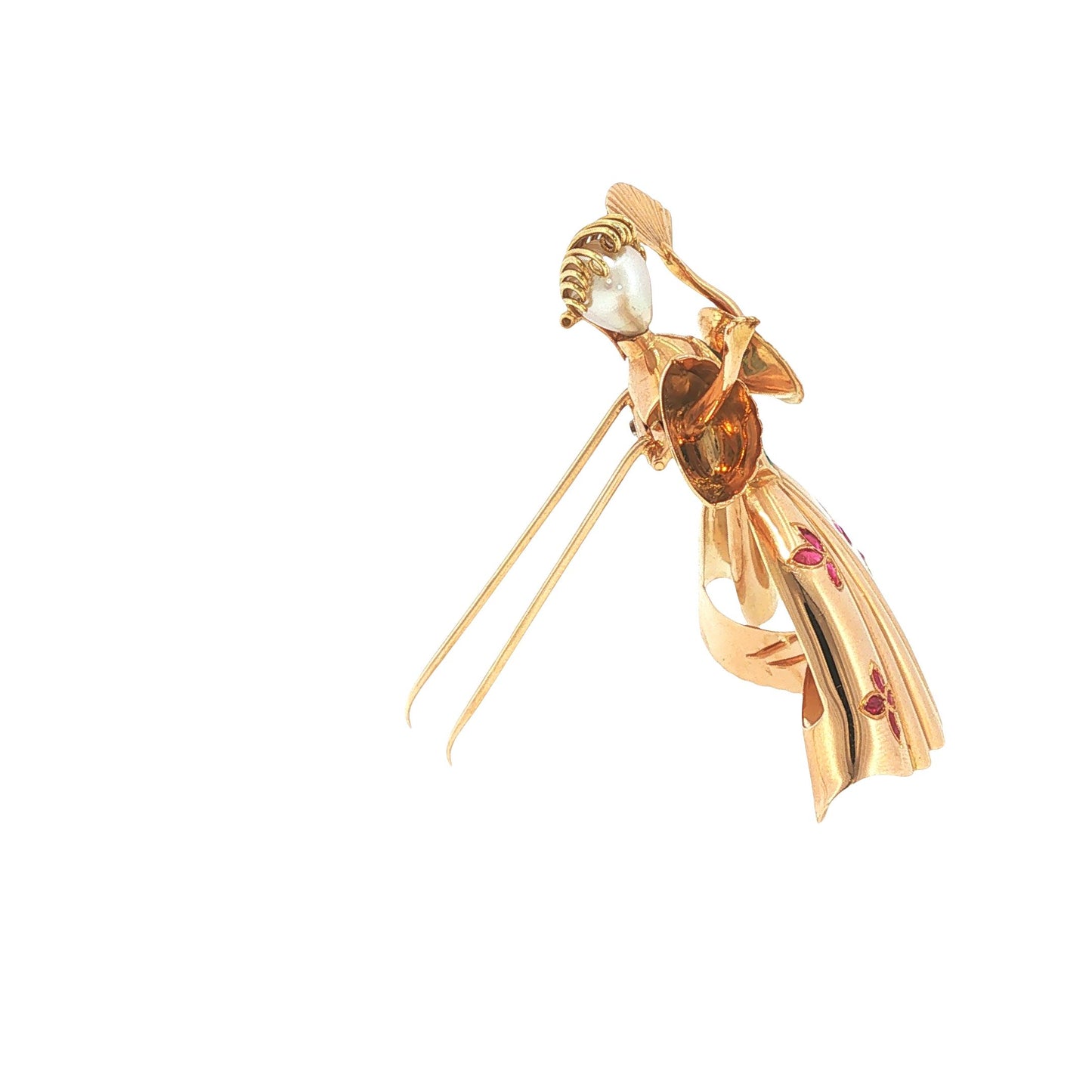 18K Gold Ruby Emerald & Pearl Ballerina Brooch