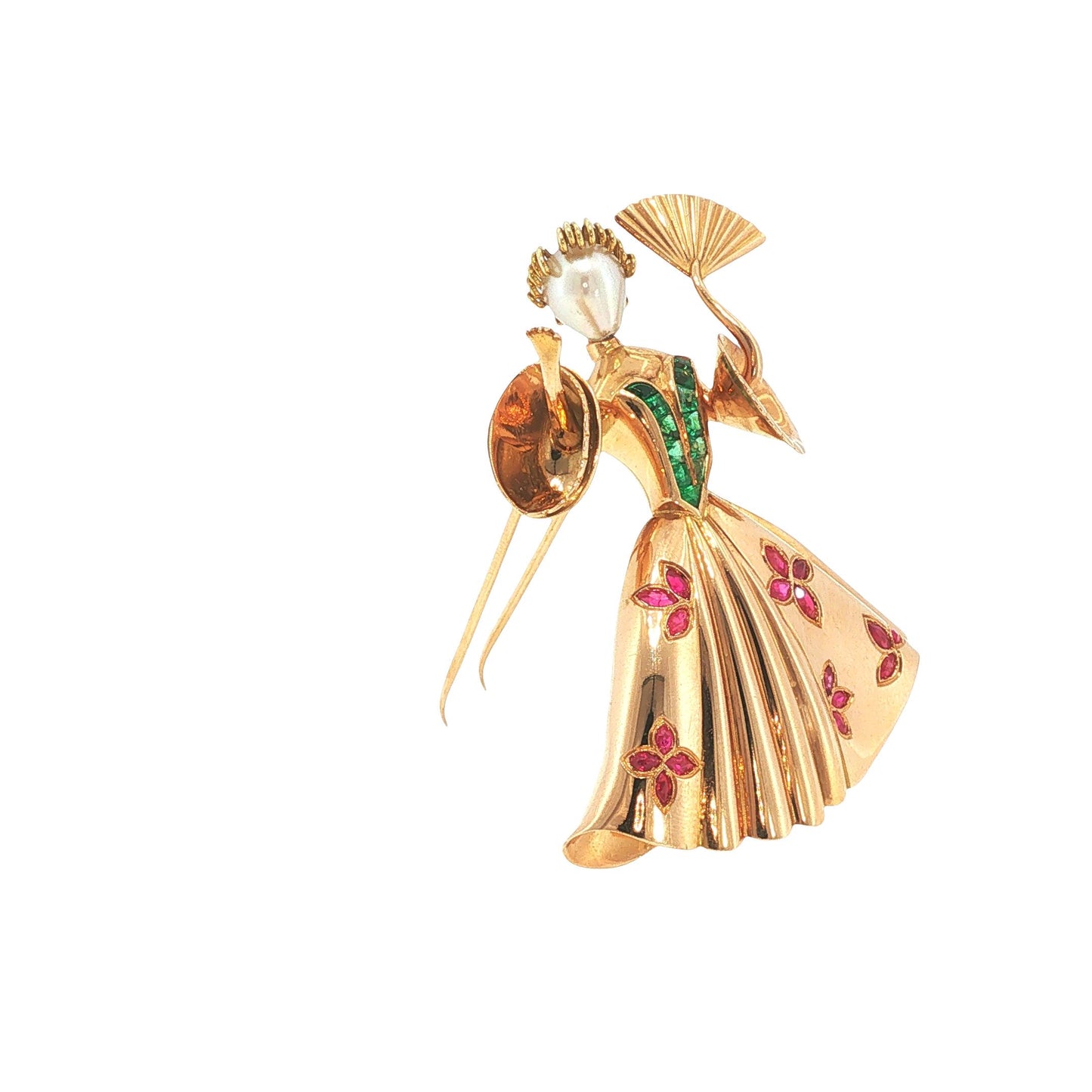 18K Gold Ruby Emerald & Pearl Ballerina Brooch