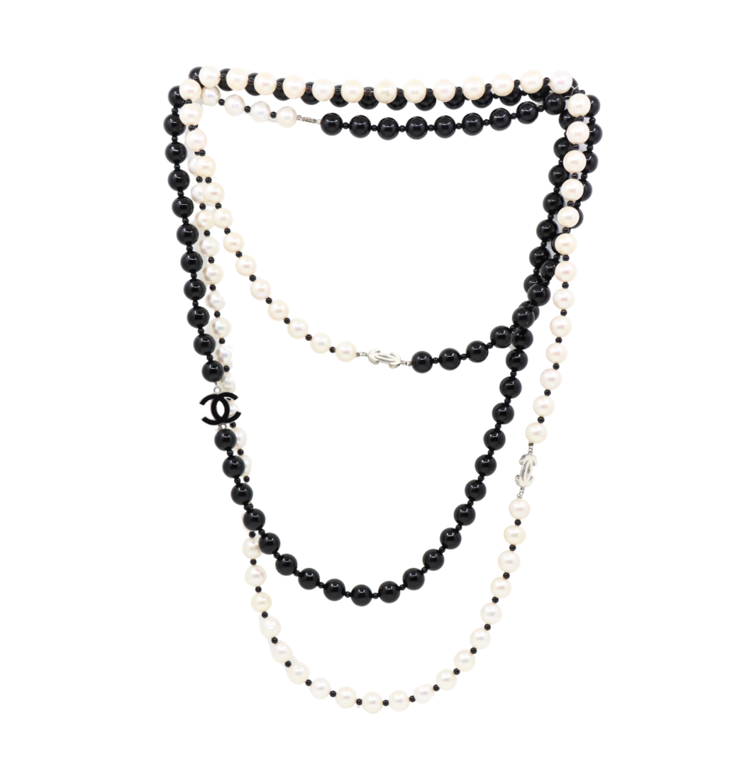 Chanel Black & White Faux Pearl Enamel Cc Logo Long Necklace